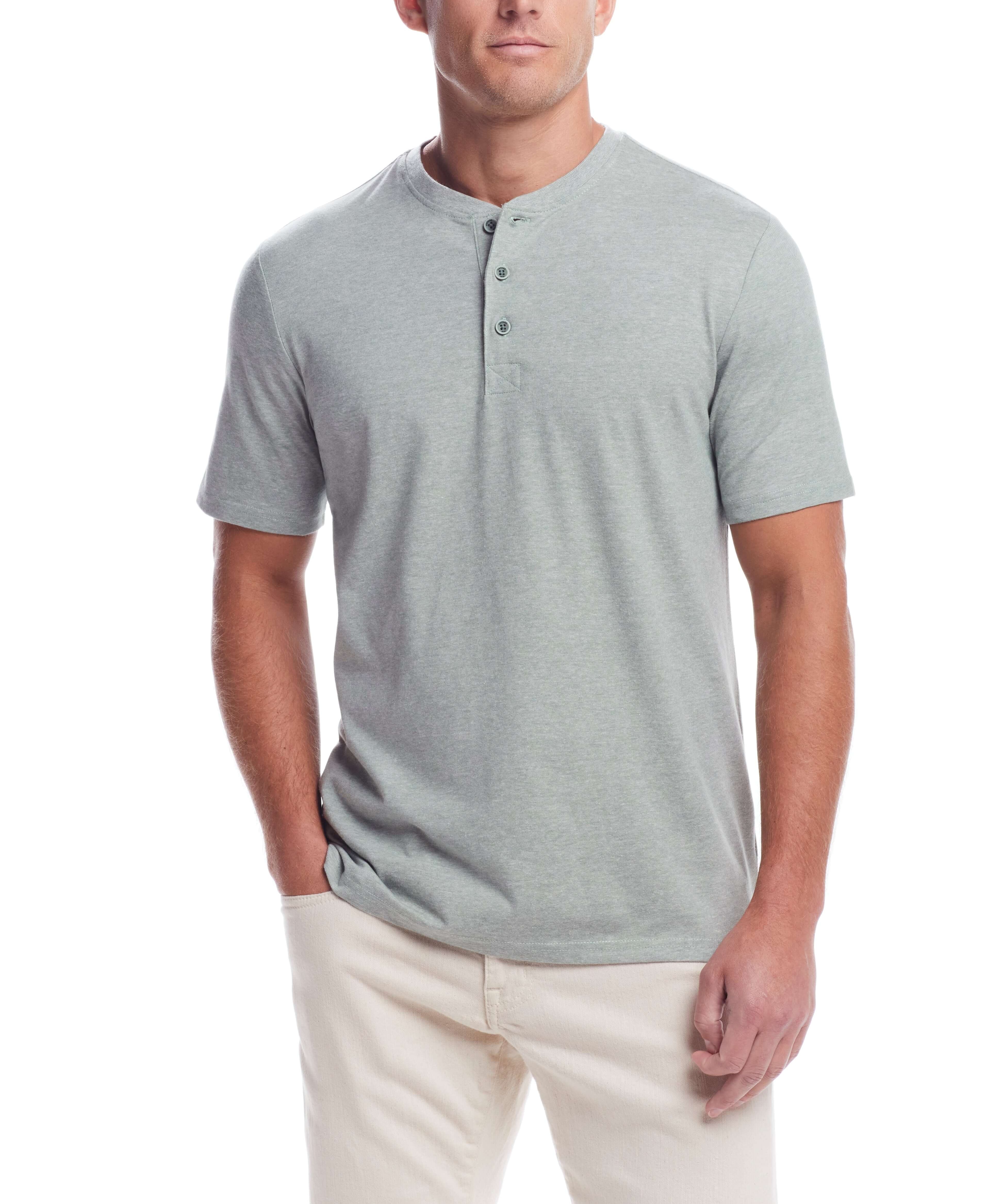 Short Sleeve Sueded Microstripe Henley In Sea Spray model wearing a soft brushed jersey henley with a rib collar.