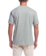 Back view of a man wearing the Short Sleeve Sueded Microstripe Henley In Sea Spray, showcasing its soft fabric and classic fit.