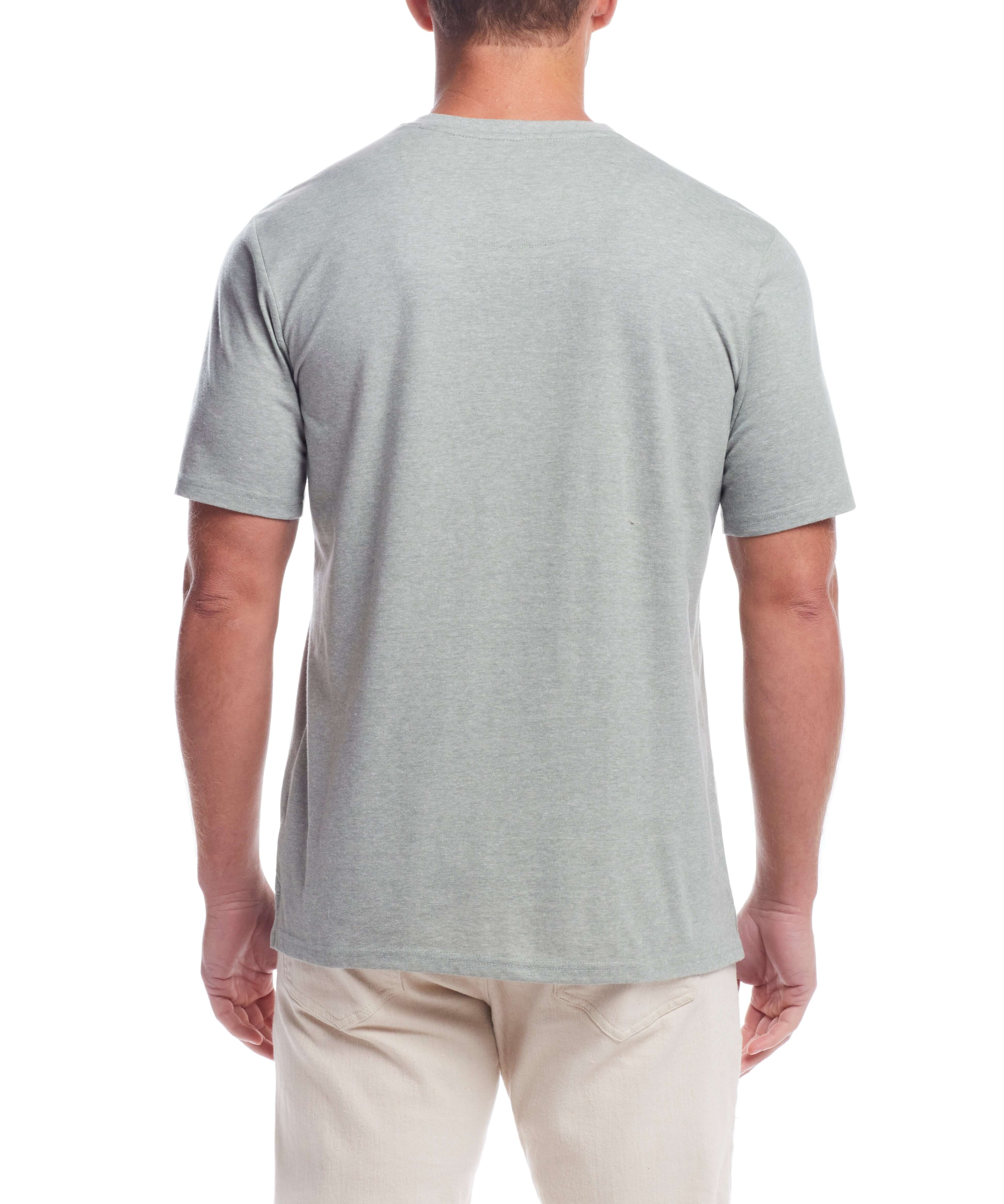 Back view of a man wearing the Short Sleeve Sueded Microstripe Henley In Sea Spray, showcasing its soft fabric and classic fit.