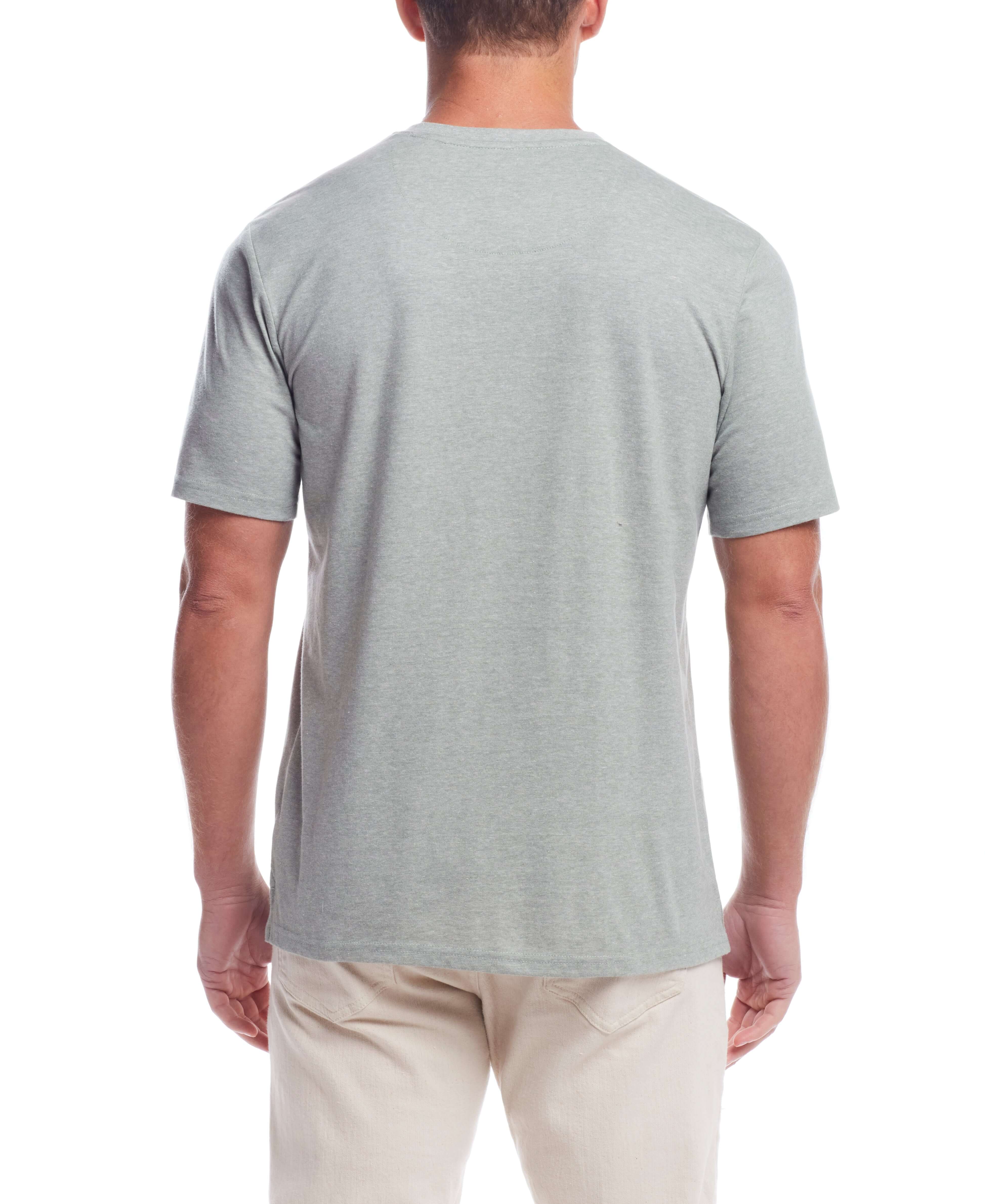 Back view of a man wearing the Short Sleeve Sueded Microstripe Henley In Sea Spray, showcasing its soft fabric and classic fit.