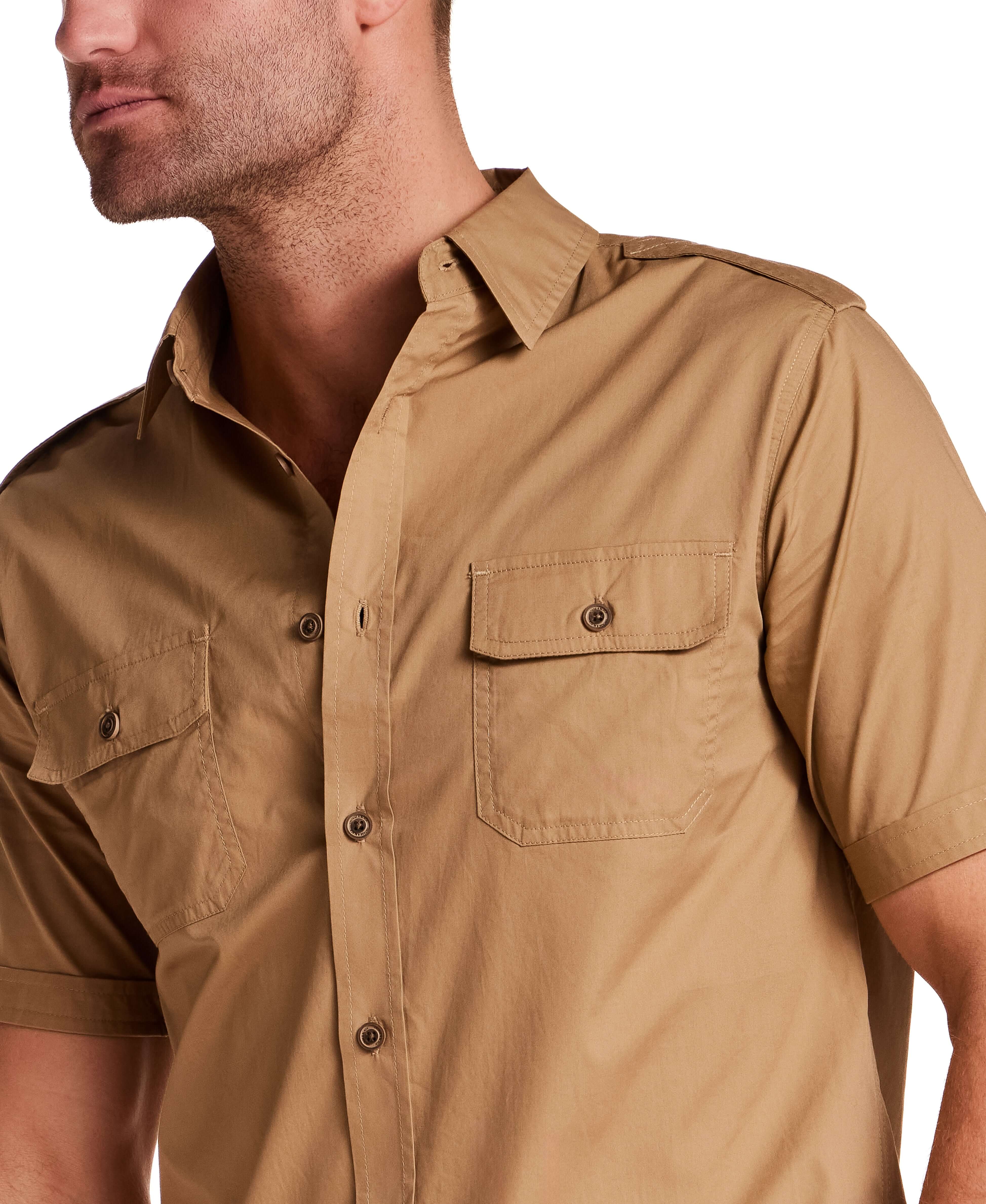 Short Sleeve Utility Shirt in Khaki features a button front and chest pockets for stylish versatility.
