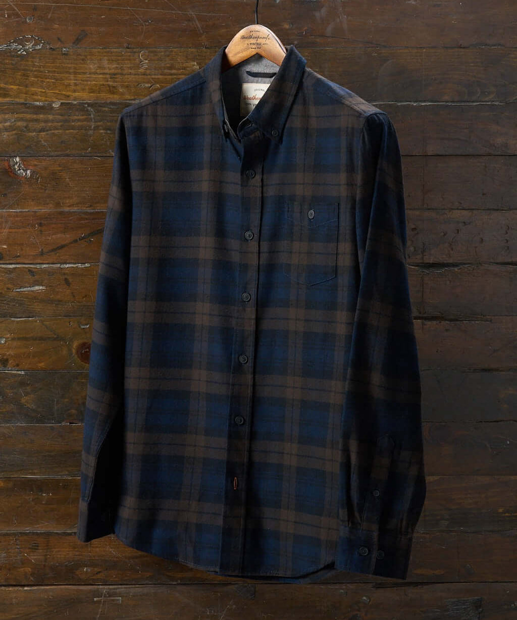 Long sleeve brushed flannel shirt in toffee with classic plaid pattern, featuring button-down collar and breast pocket.