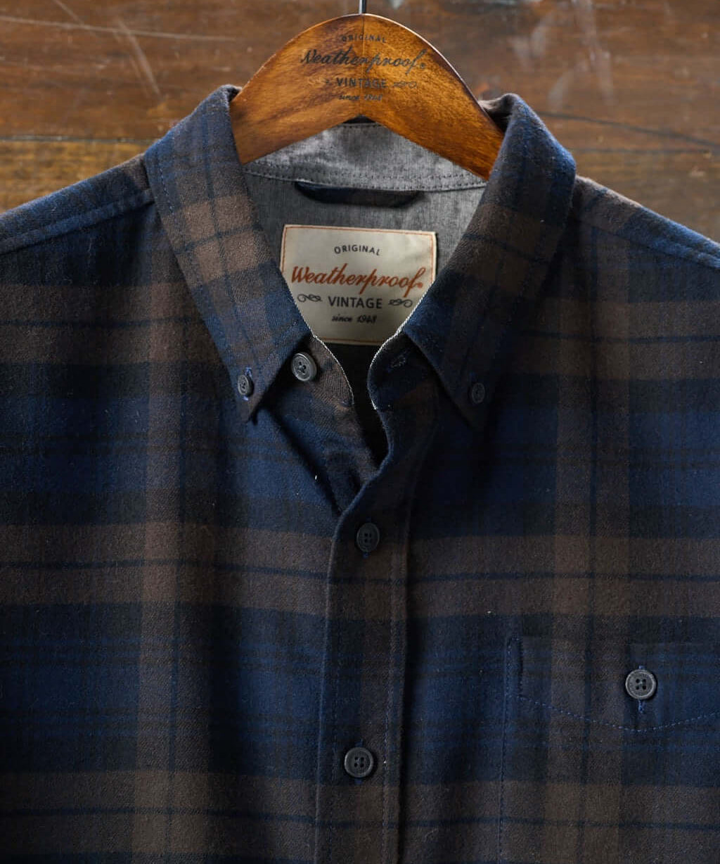 Long sleeve brushed flannel shirt in toffee with plaid pattern, featuring button down collar and chest pocket.