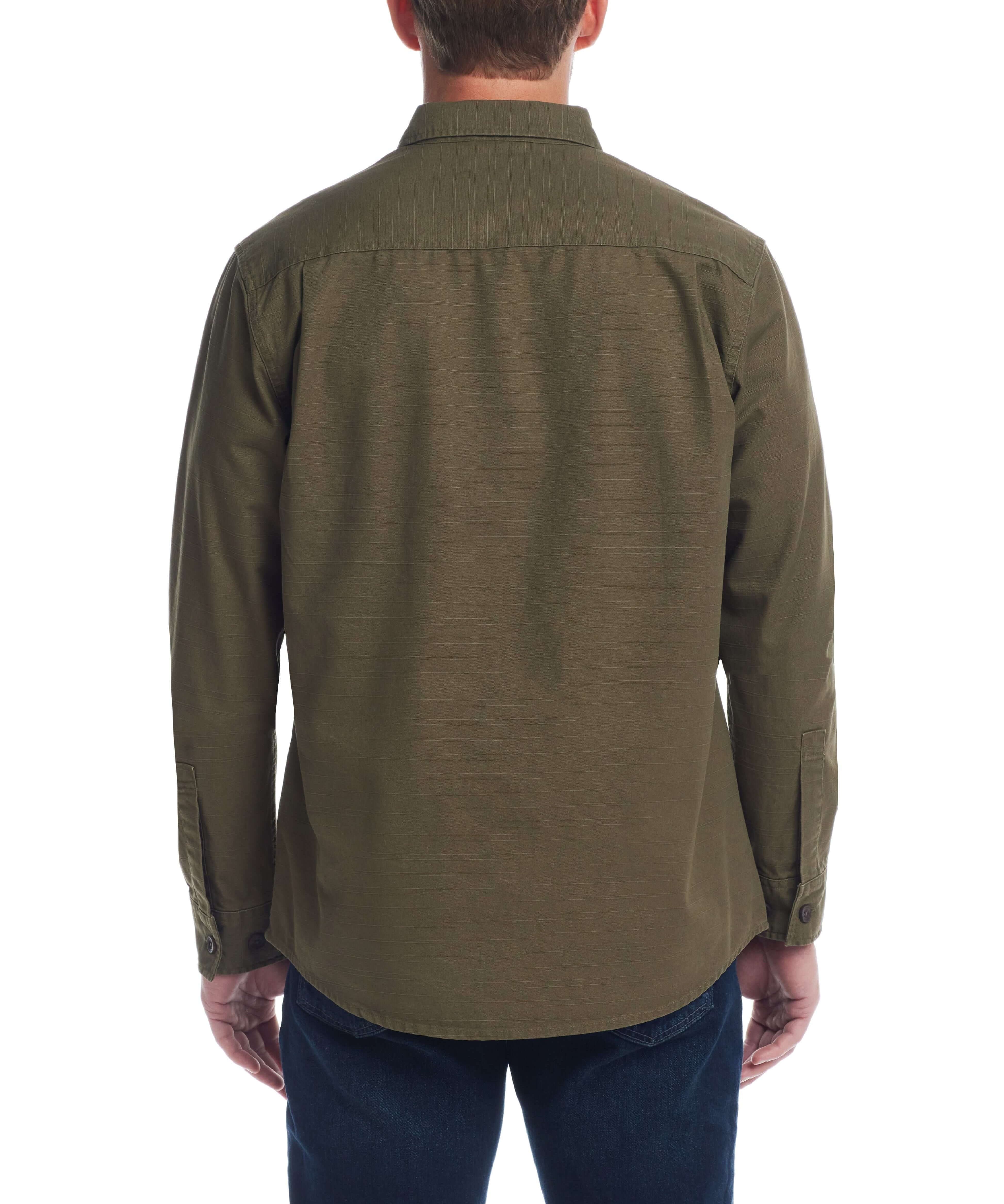 Back view of Slub Canvas Work Shirt in Dark Olive, featuring a spread collar and long sleeves with button cuffs.