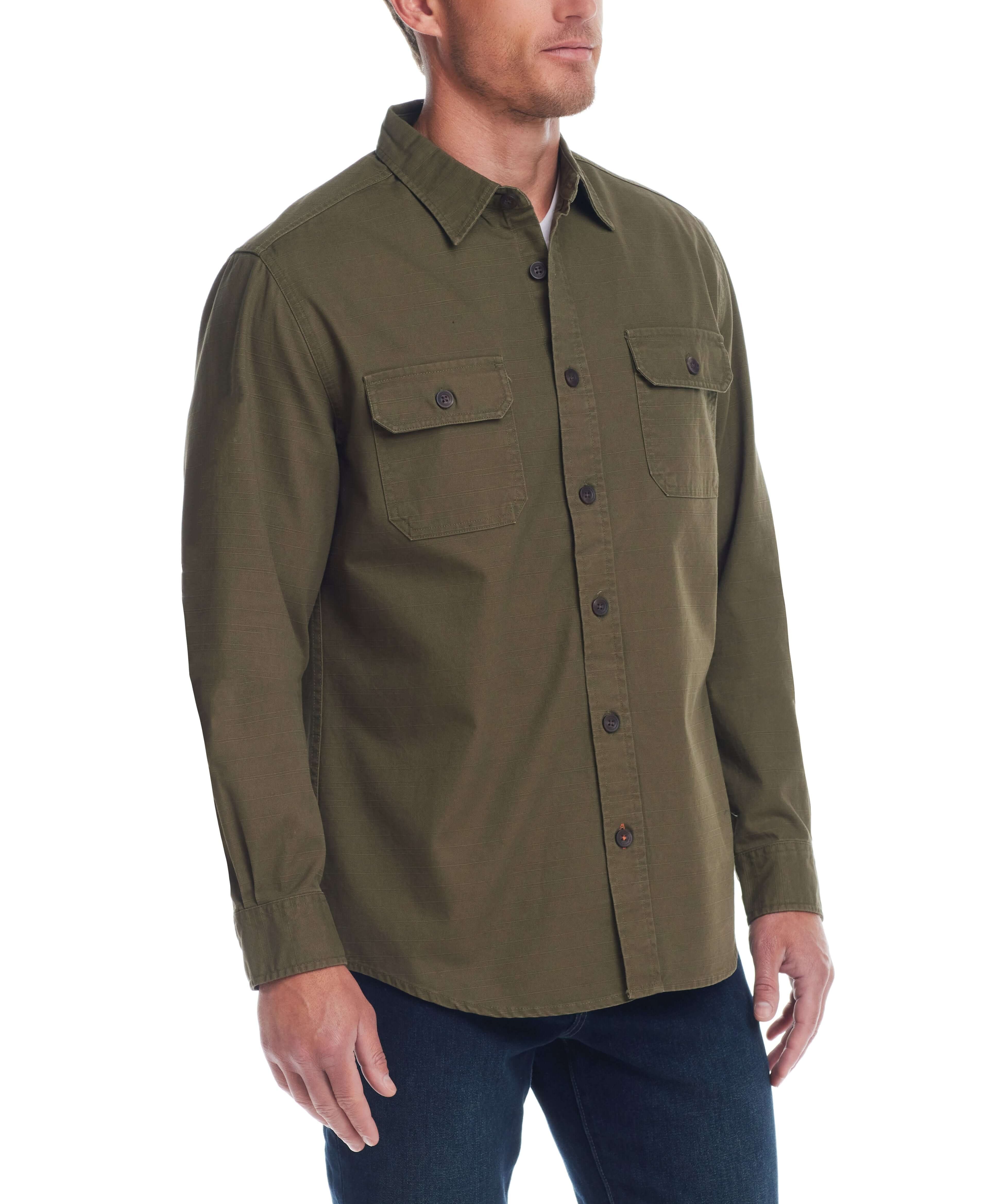 Men's slub canvas work shirt in dark olive with two chest pockets and button-front closure.