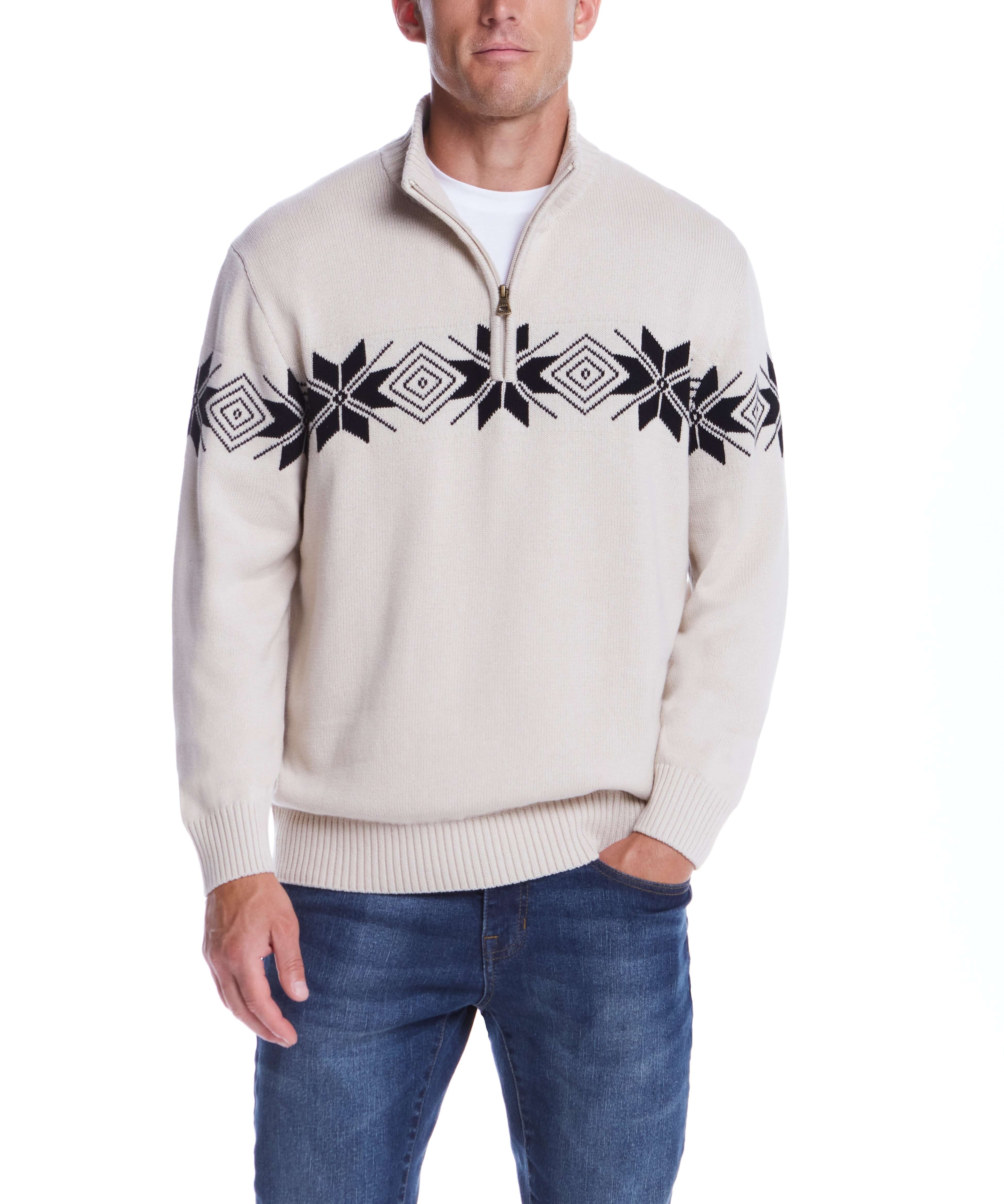 Beige Snowflake Quarter Zip Sweater featuring a black geometric design, perfect for versatile holiday styling.