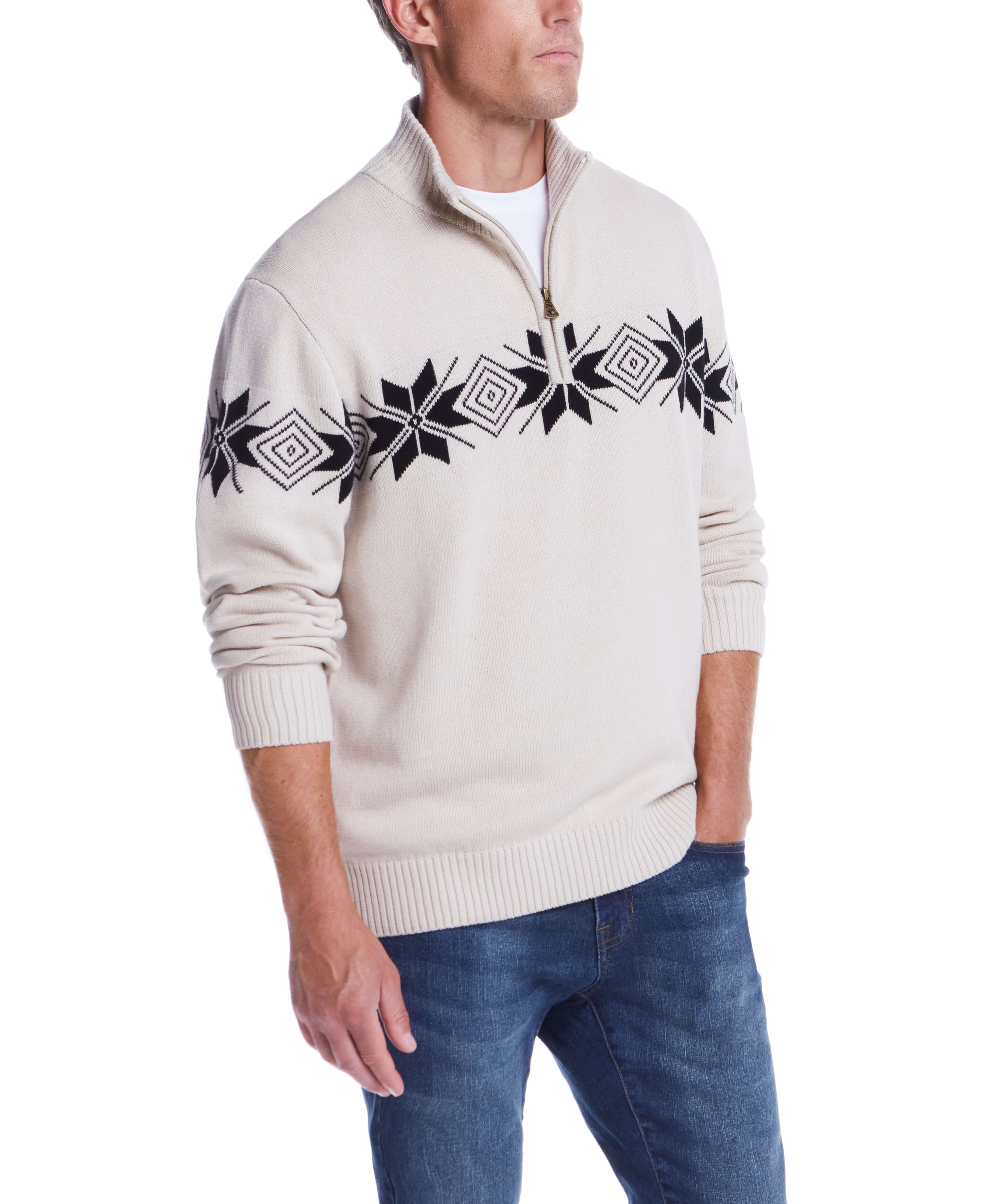 Beige Snowflake Quarter Zip Sweater on male model, featuring a winter pattern, ideal for holiday styling.