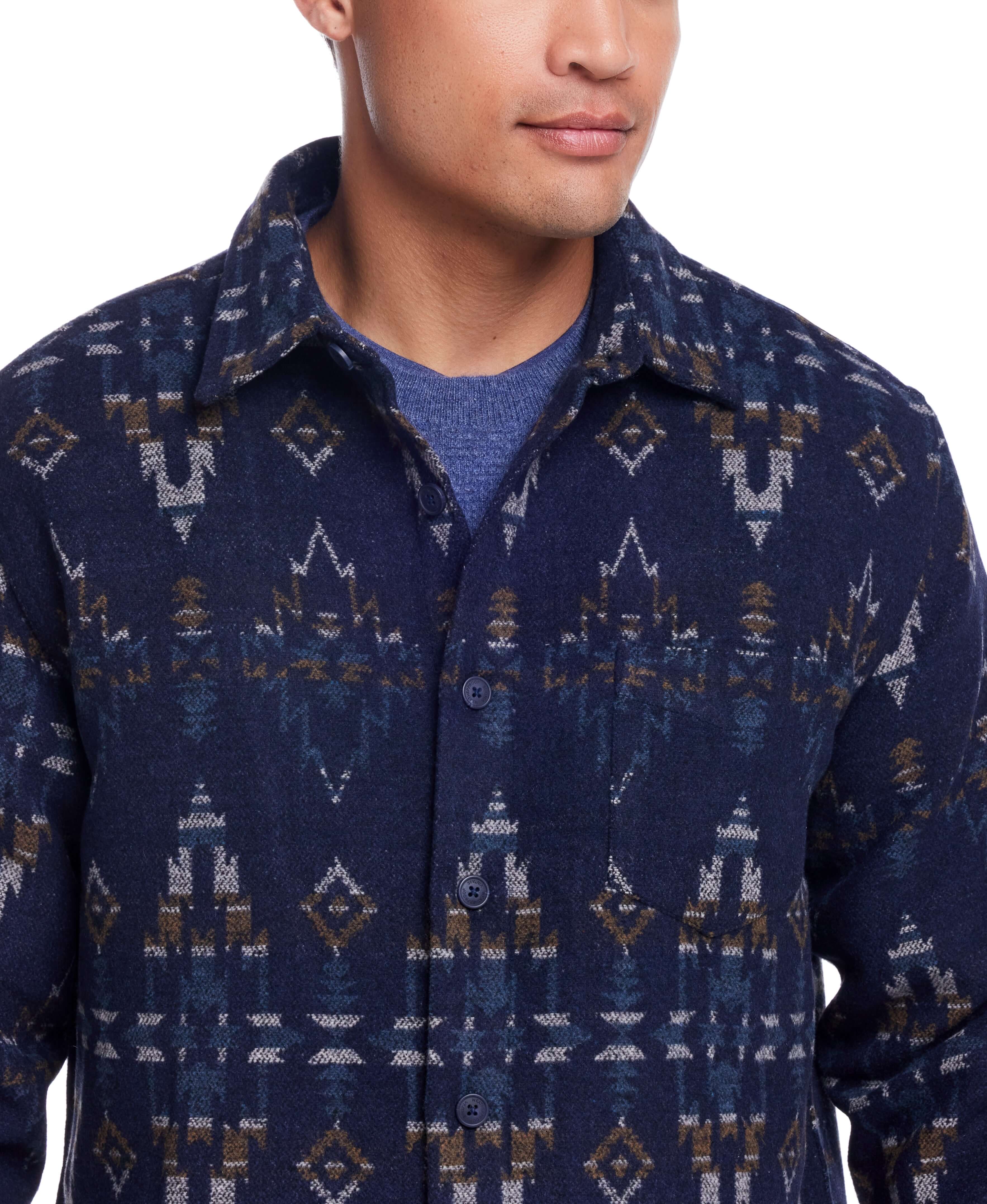 Southwest Jacquard Shirt Jacket in blue moss, featuring a southwestern pattern, unlined, button front, model wearing size Medium.