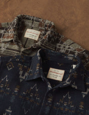 Southwest Jacquard Shirt Jacket in Blue Moss, featuring rich patterns and soft textures, ideal for layering and versatile styling.