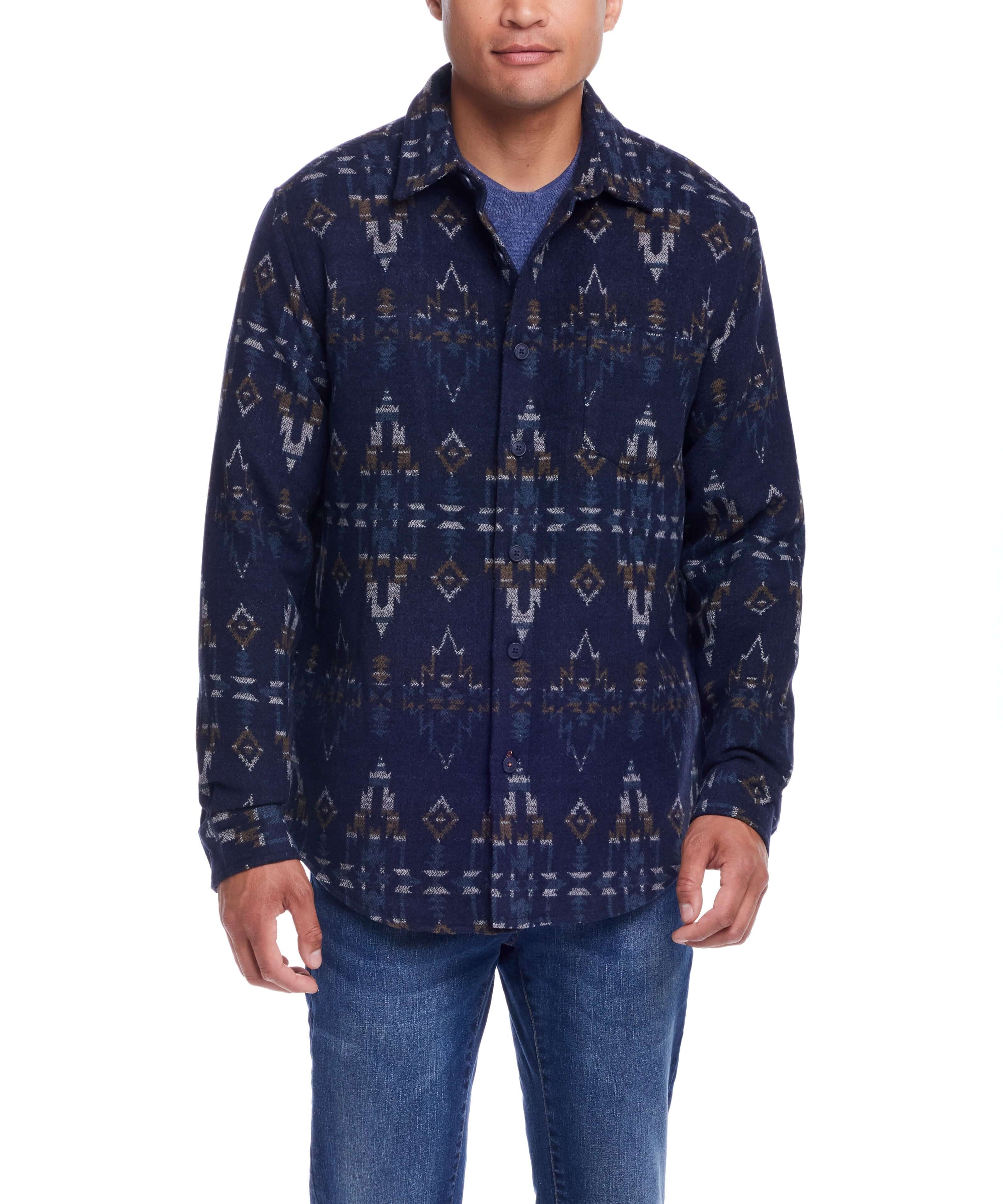 Southwest jacquard shirt jacket in blue moss, featuring a stylish pattern and a button front, perfect for colder weather.