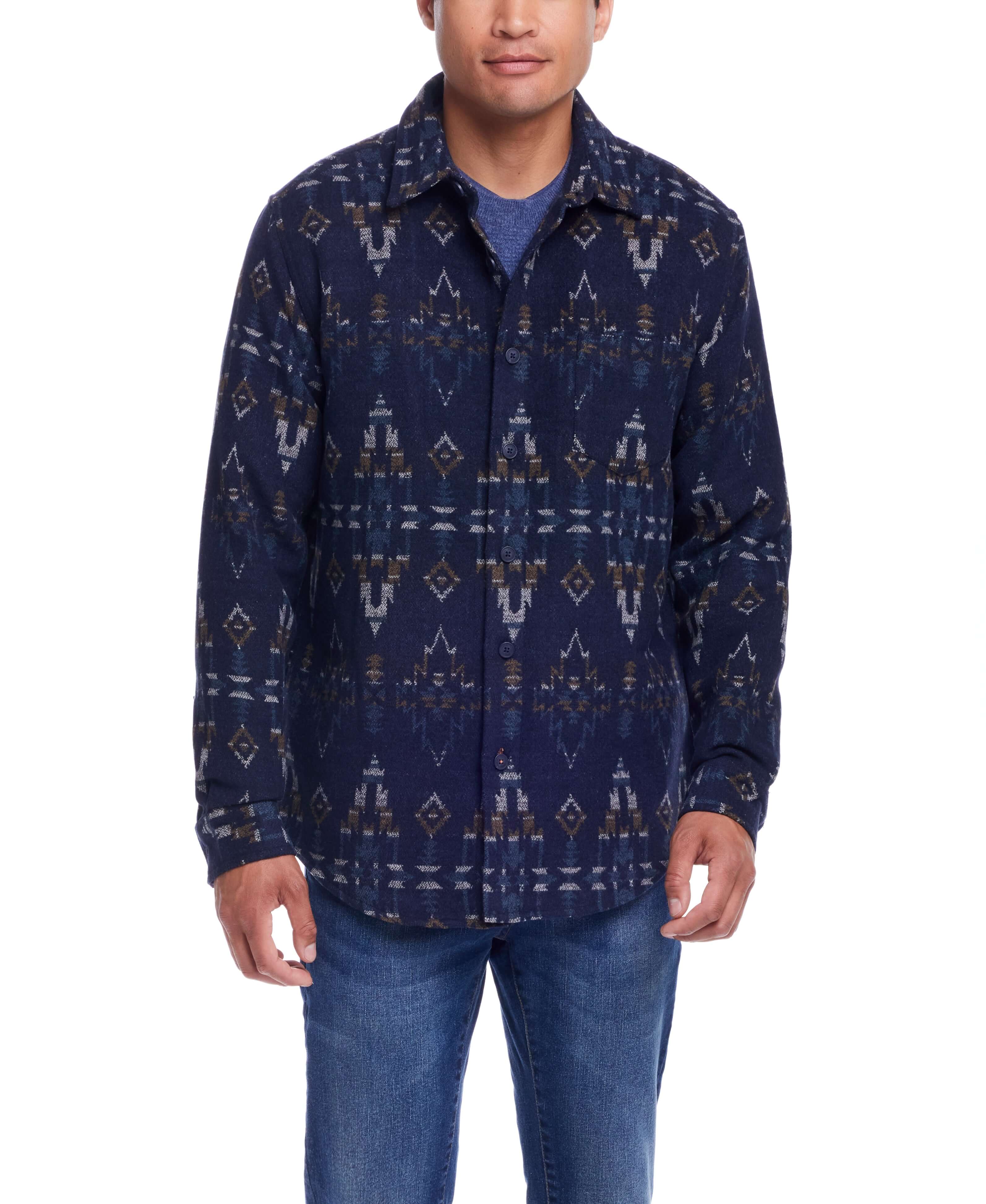 Southwest jacquard shirt jacket in blue moss, featuring a stylish pattern and a button front, perfect for colder weather.