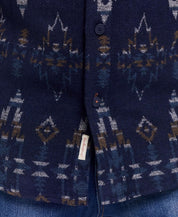 Close-up of Southwest Jacquard Shirt Jacket in blue moss, showcasing intricate southwestern-inspired pattern.