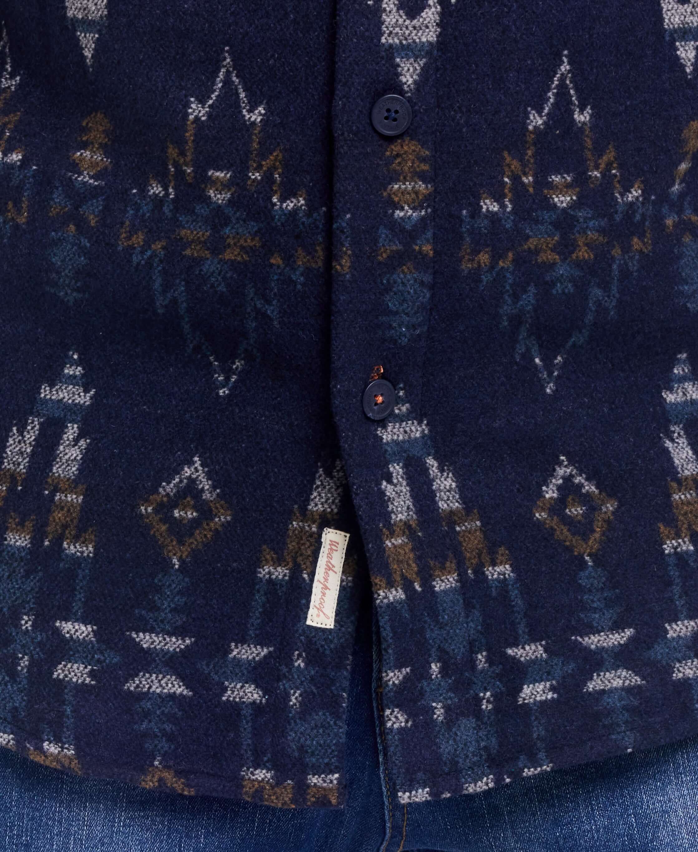 Close-up of Southwest Jacquard Shirt Jacket in blue moss, showcasing intricate southwestern-inspired pattern.