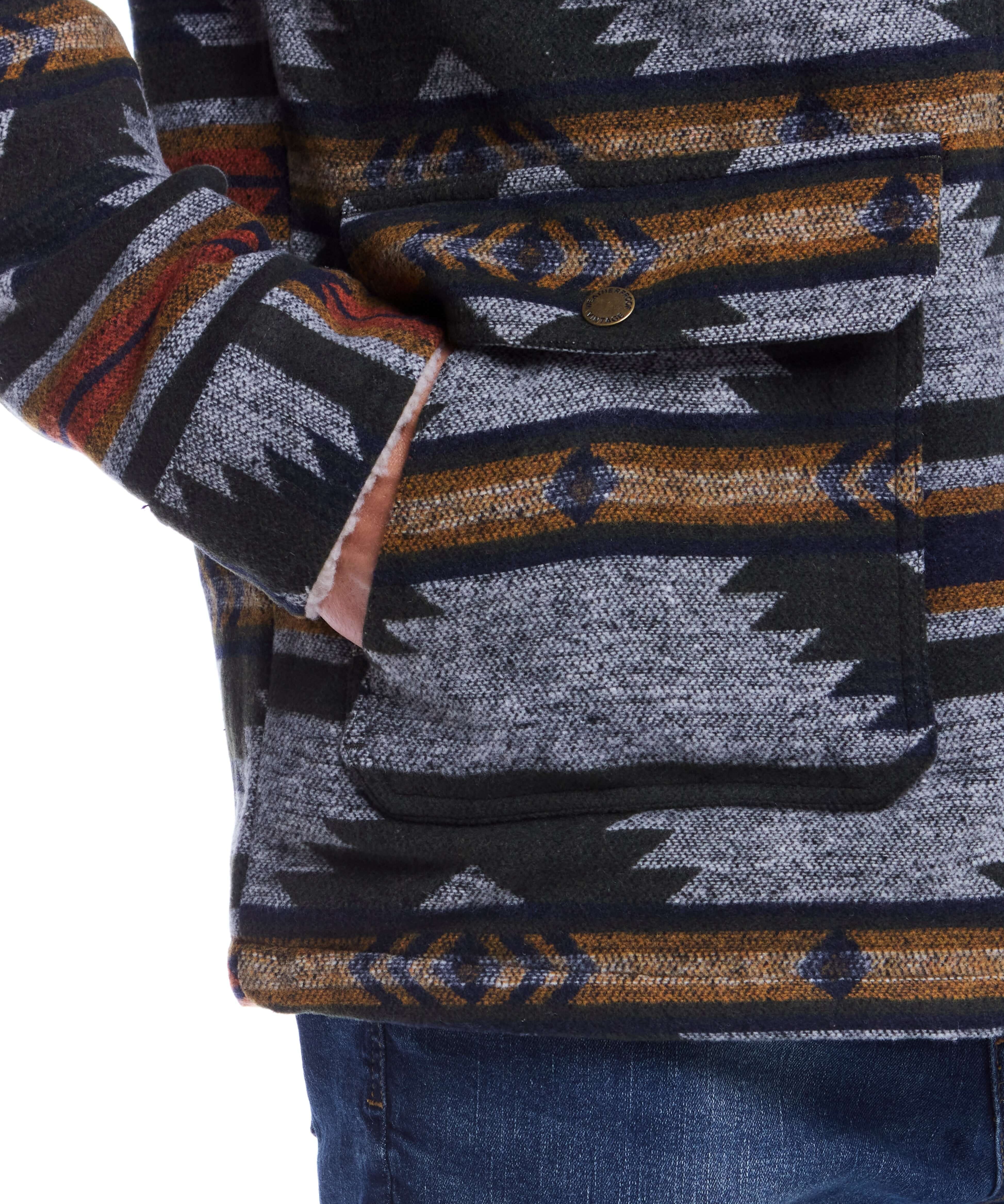 Close-up of Southwest Sherpa Lined Jacket in Winter Moss showcasing geometric woven print and pocket detail.