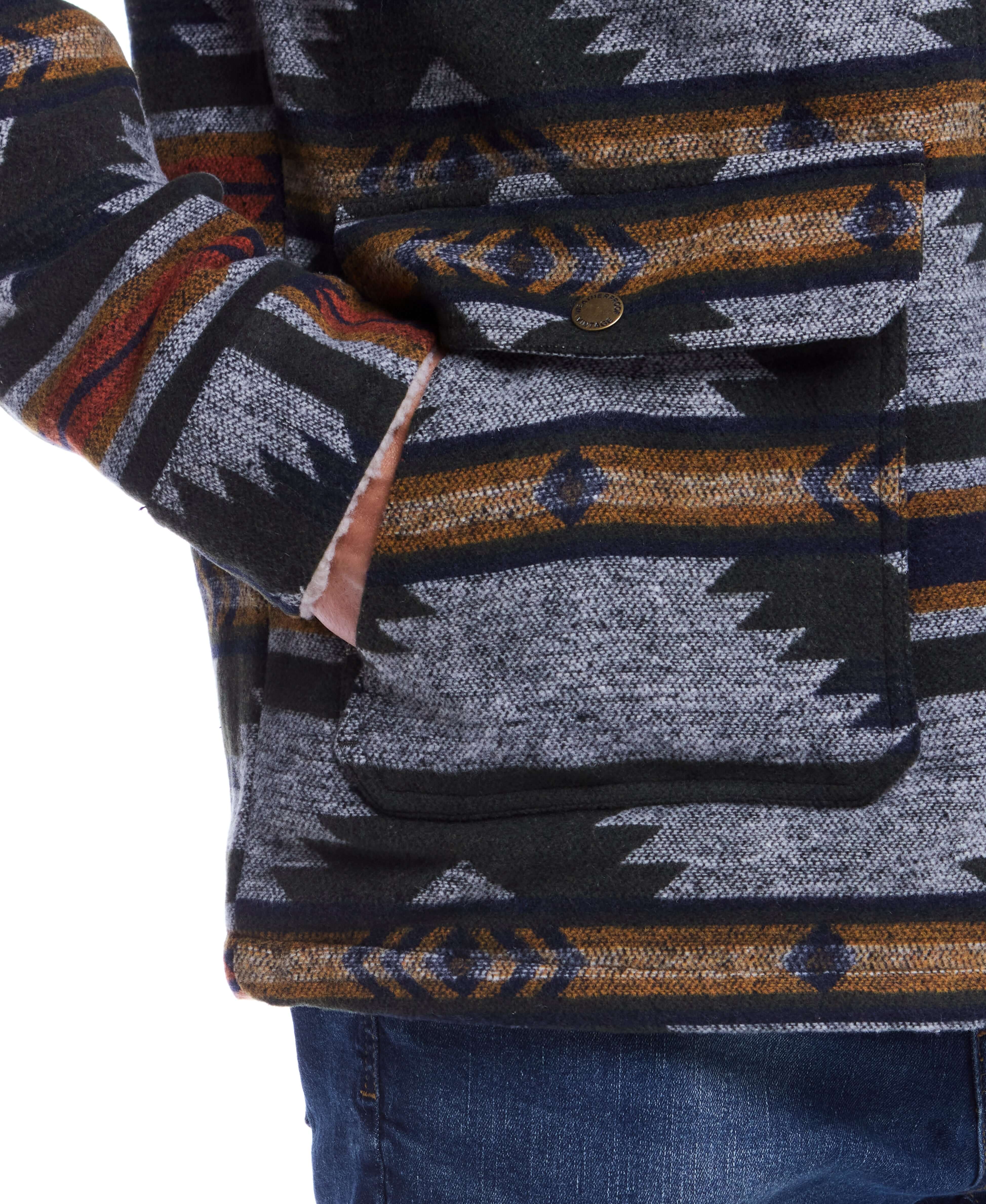 Close-up of Southwest Sherpa Lined Jacket in Winter Moss showcasing geometric woven print and pocket detail.