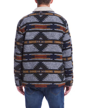 Back view of Southwest Sherpa Lined Jacket in Winter Moss showcasing geometric woven print.