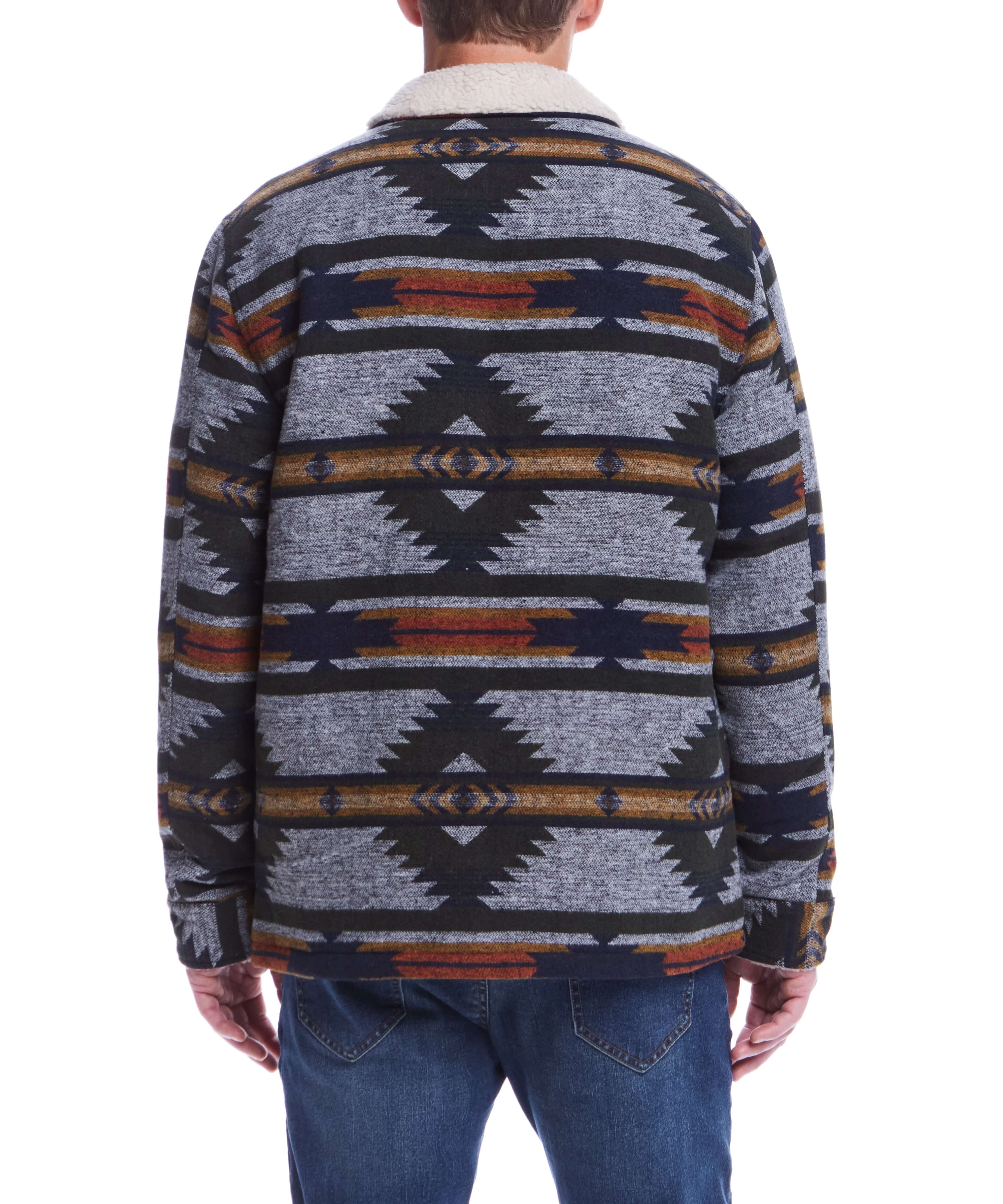 Back view of Southwest Sherpa Lined Jacket in Winter Moss showcasing geometric woven print.