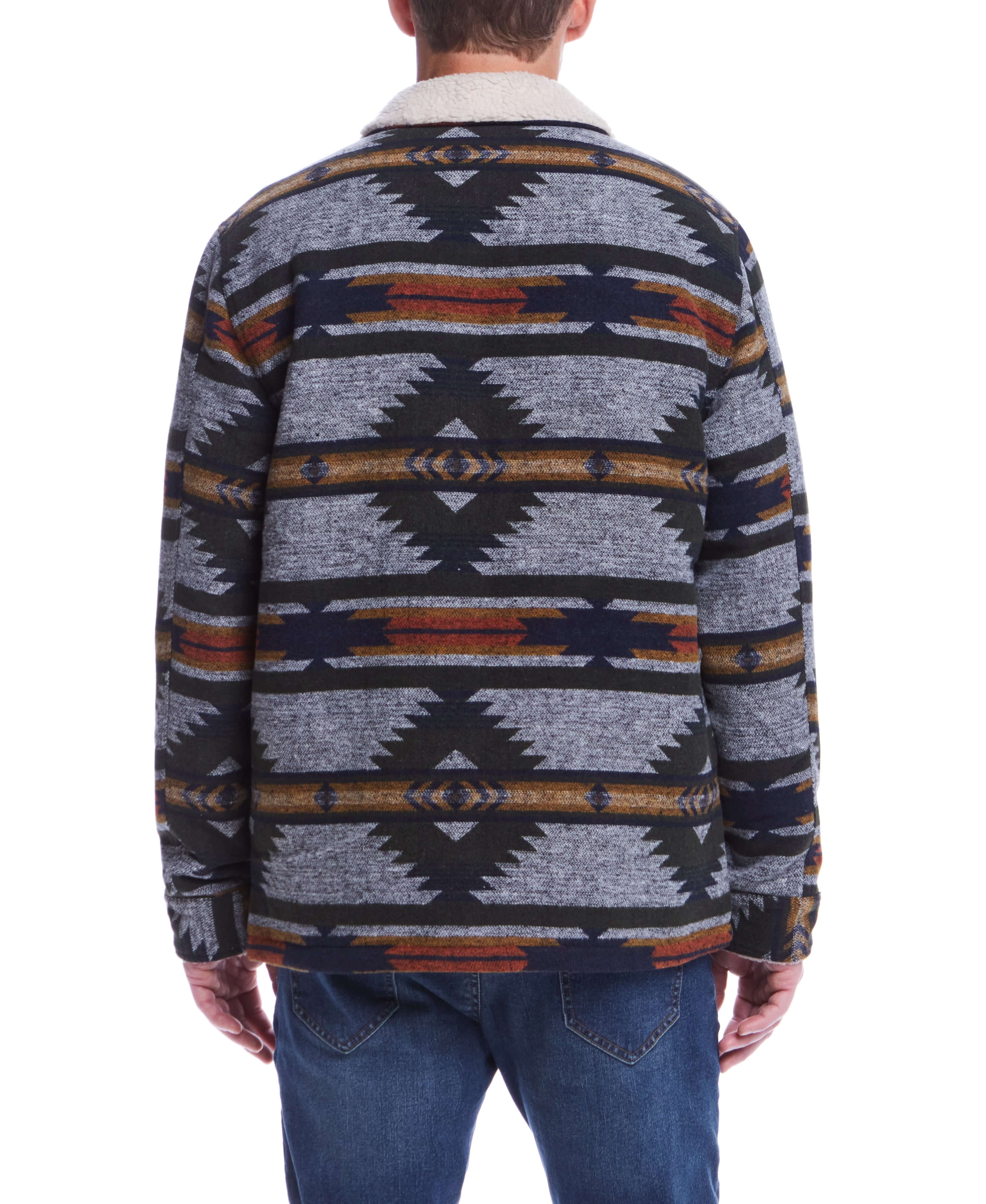 Back view of Southwest Sherpa Lined Jacket in Winter Moss showcasing geometric woven print.