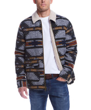 Southwest Sherpa lined jacket in winter moss with geometric print, perfect for cold weather styling and durability.