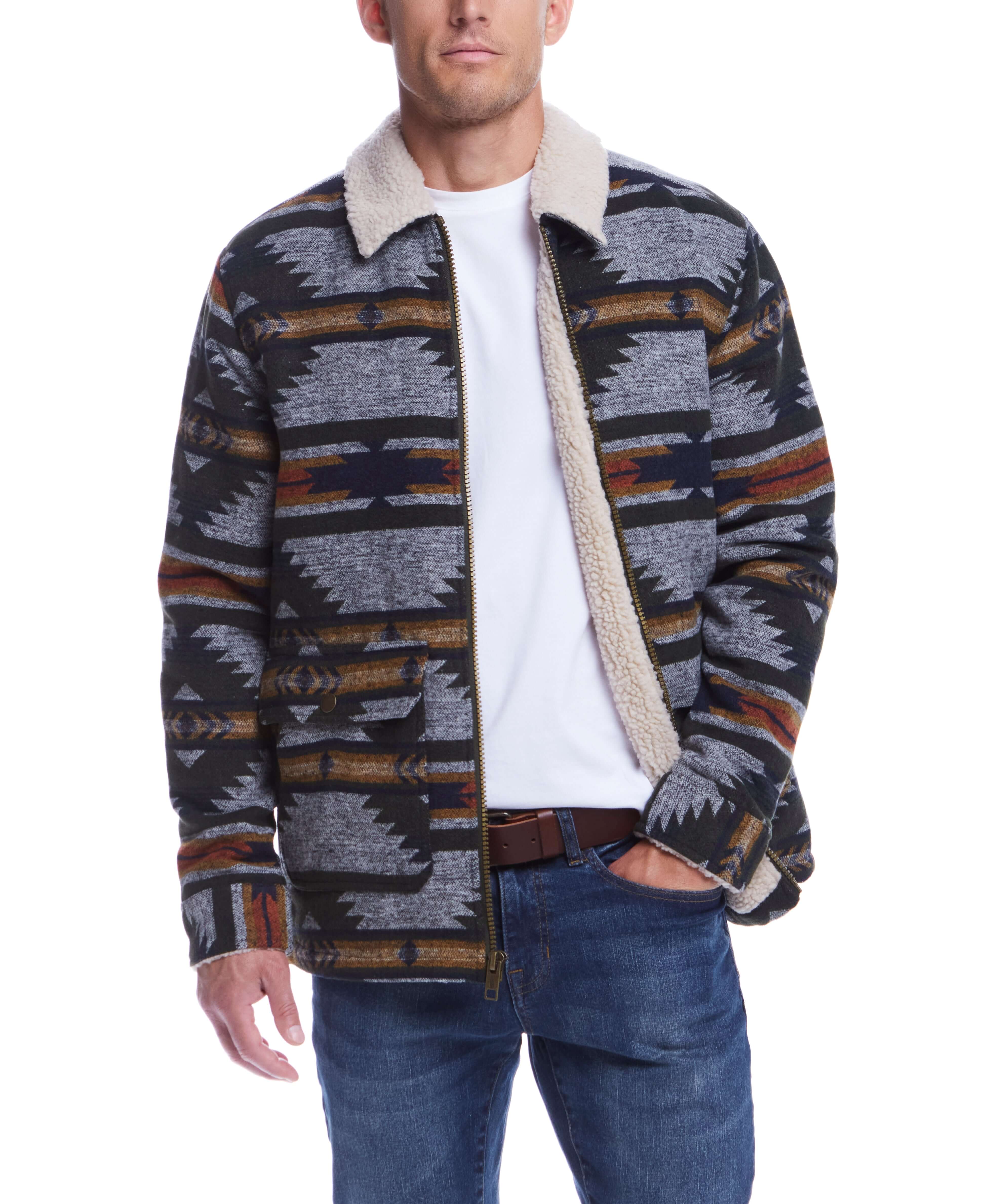 Southwest Sherpa lined jacket in winter moss with geometric print, perfect for cold weather styling and durability.