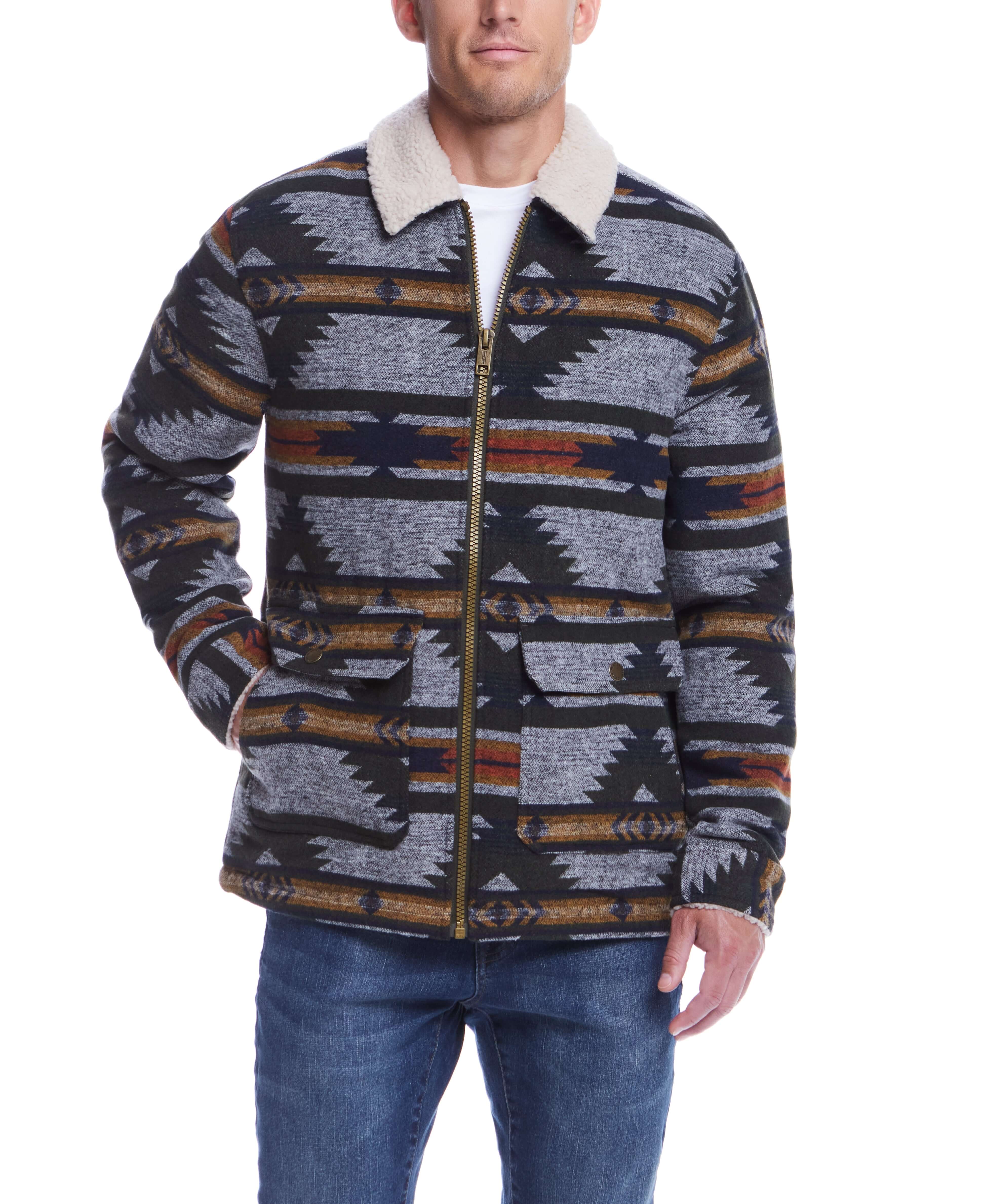 Southwest sherpa lined jacket in winter moss with geometric print, perfect for cold weather style.
