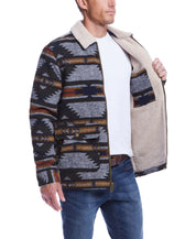 Southwest sherpa lined jacket in winter moss, featuring a geometric print and warm lining, perfect for fall outings.