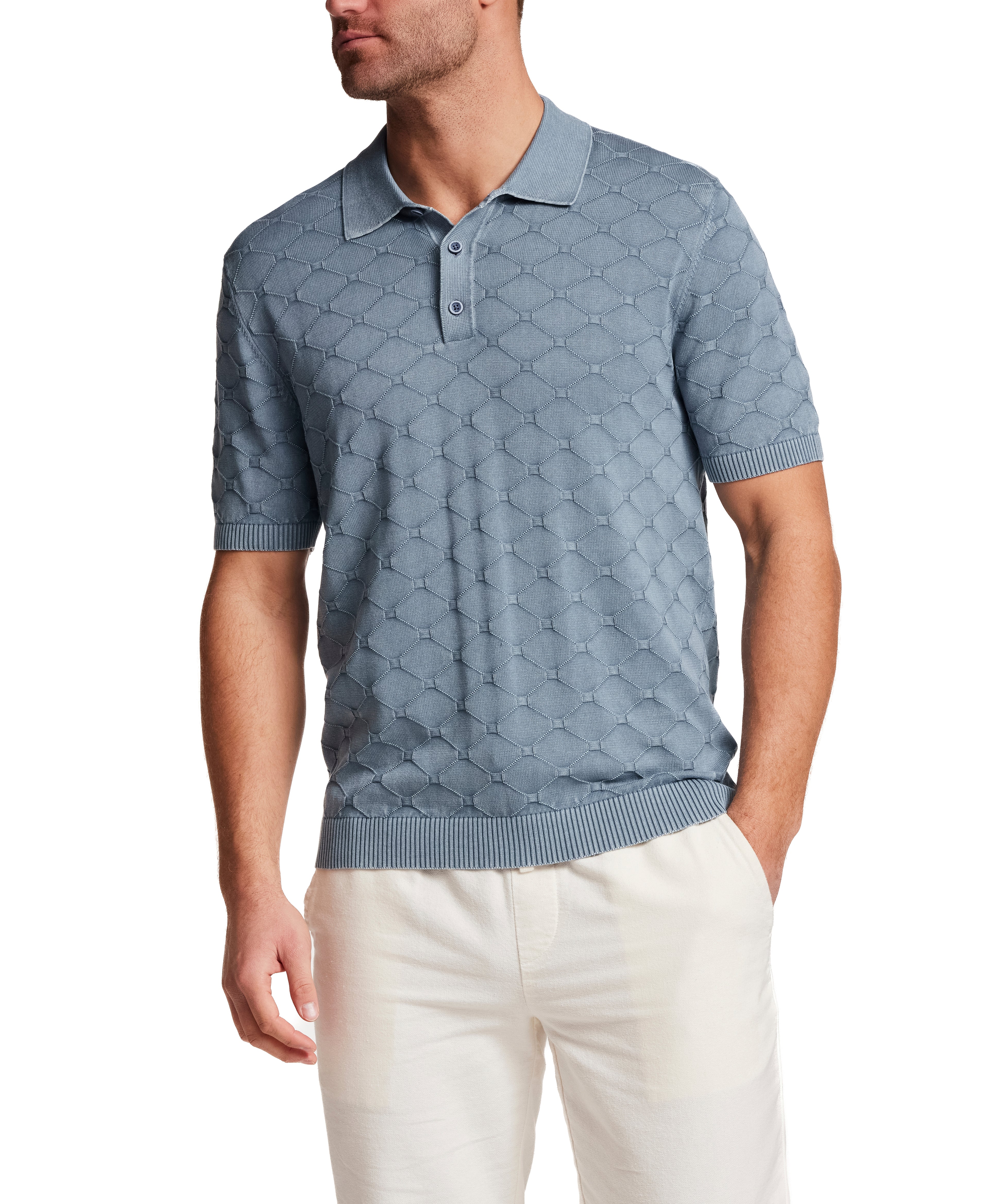 Stonewash Diamond Sweater Polo in Infinity Blue, showcasing a refined diamond-knit texture and breathable cotton fabric.