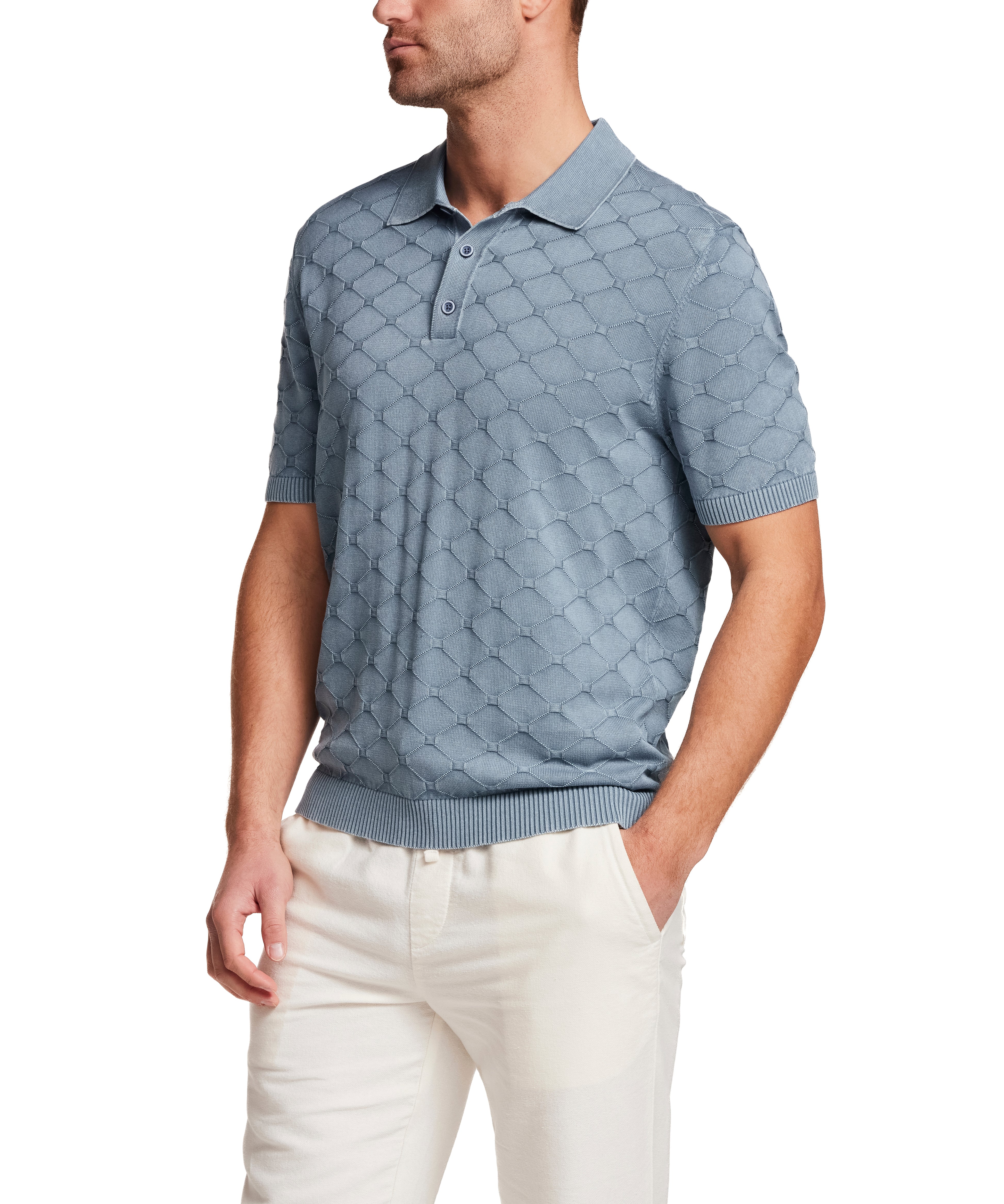 Stonewash Diamond Sweater Polo in Infinity Blue, showcasing a subtle diamond-knit texture and a polished yet relaxed look.