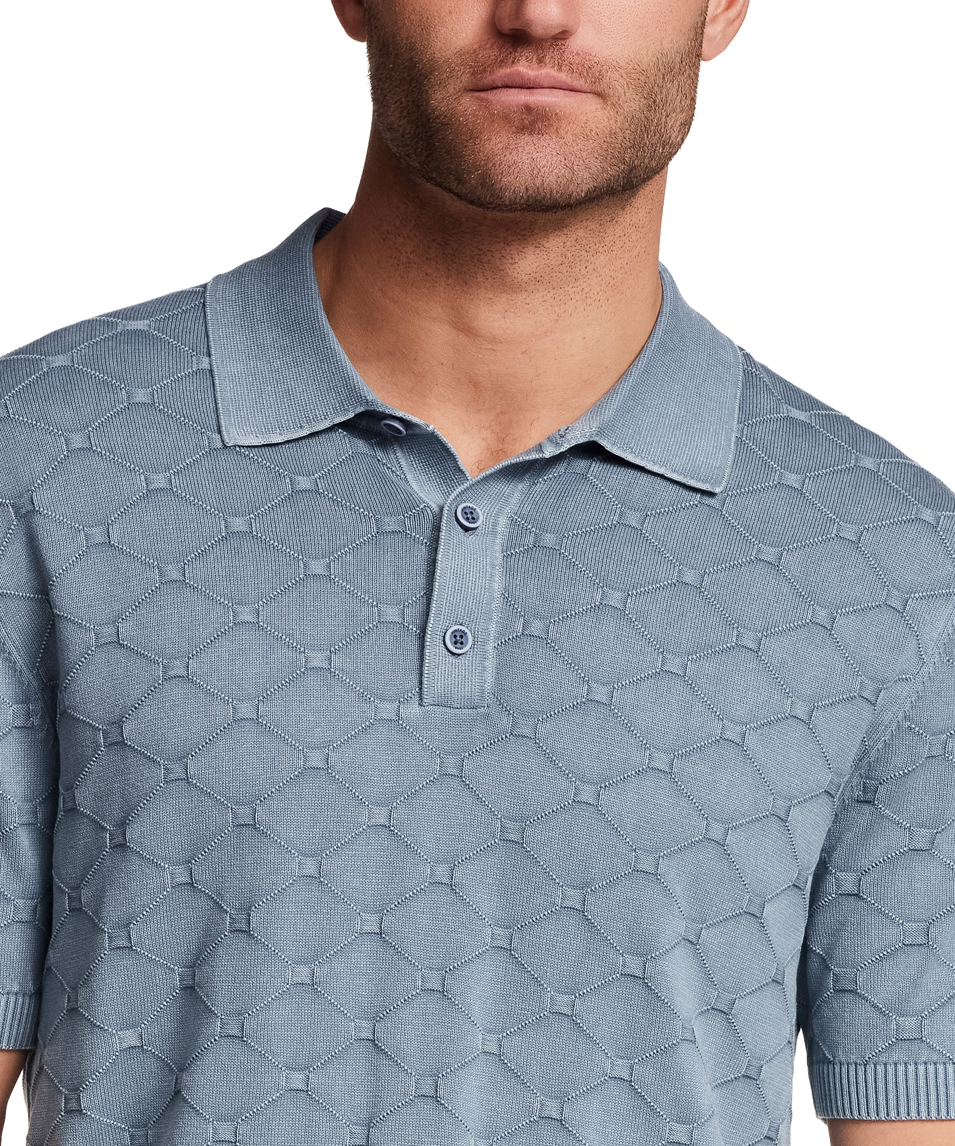 Stonewash Diamond Sweater Polo in Infinity Blue featuring a textured diamond-knit design.