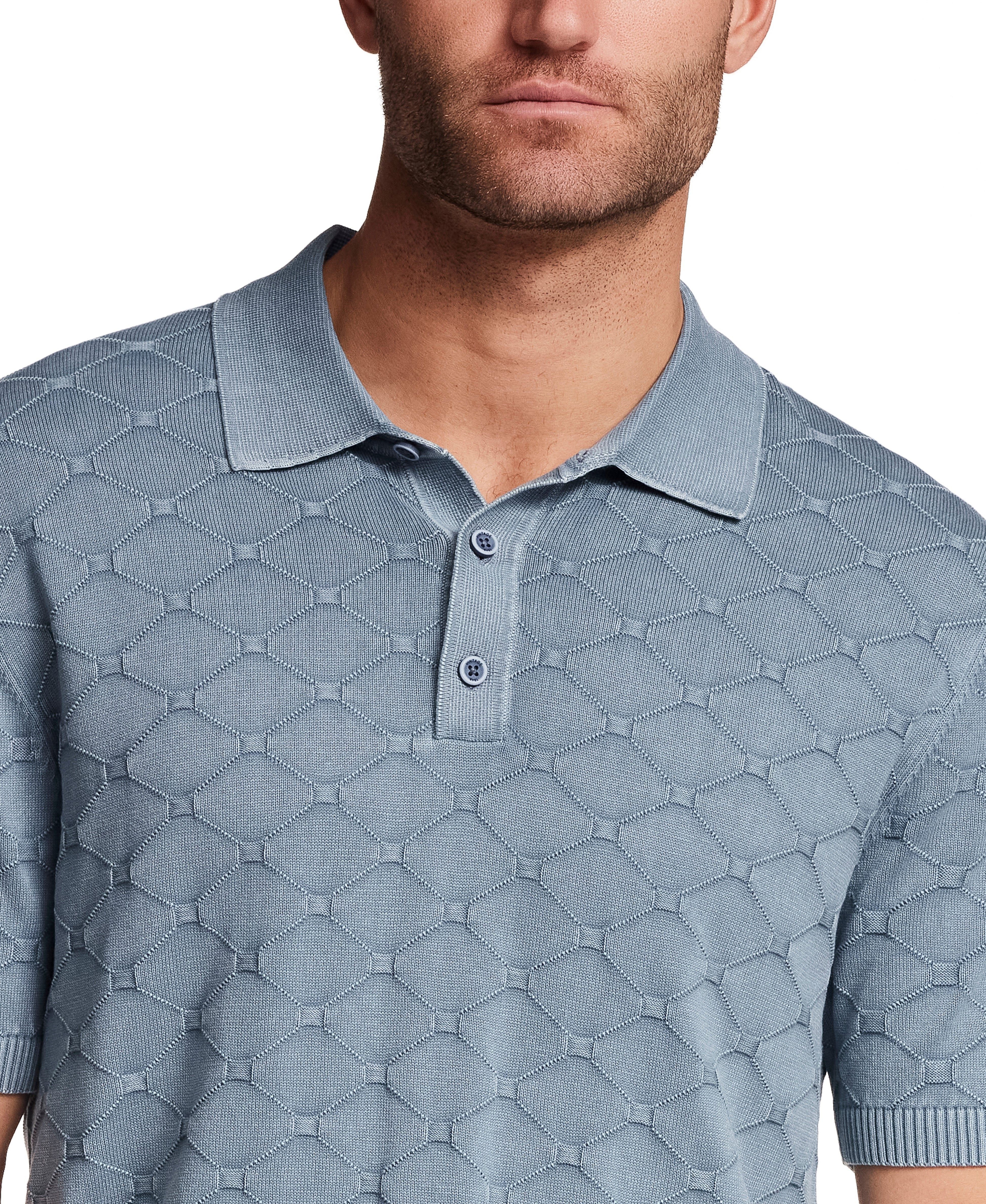 Stonewash Diamond Sweater Polo in Infinity Blue featuring a textured diamond-knit design.