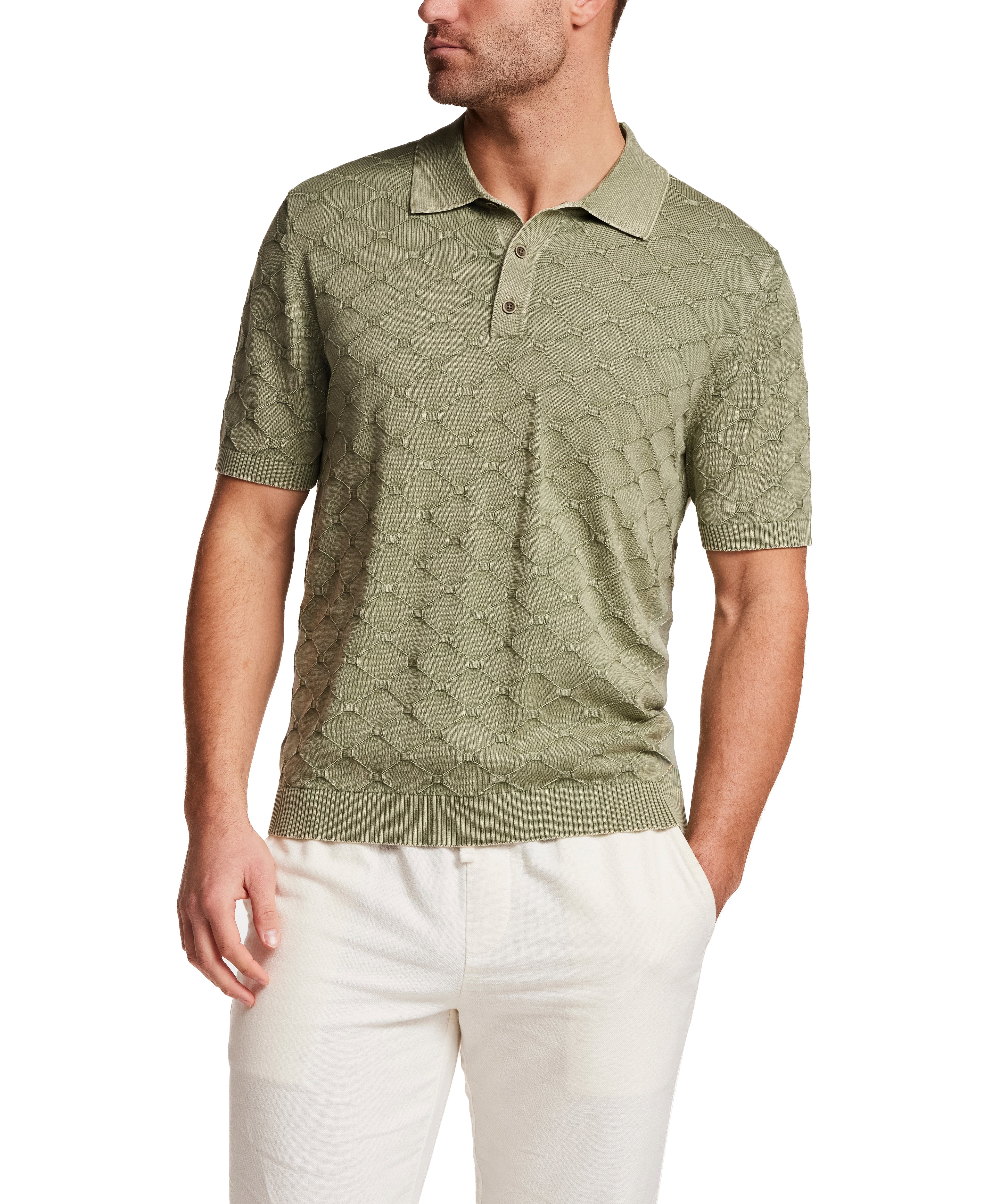 Model wearing Stonewash Diamond Sweater Polo in Sea Grass, showcasing its subtle diamond-knit texture and relaxed fit.