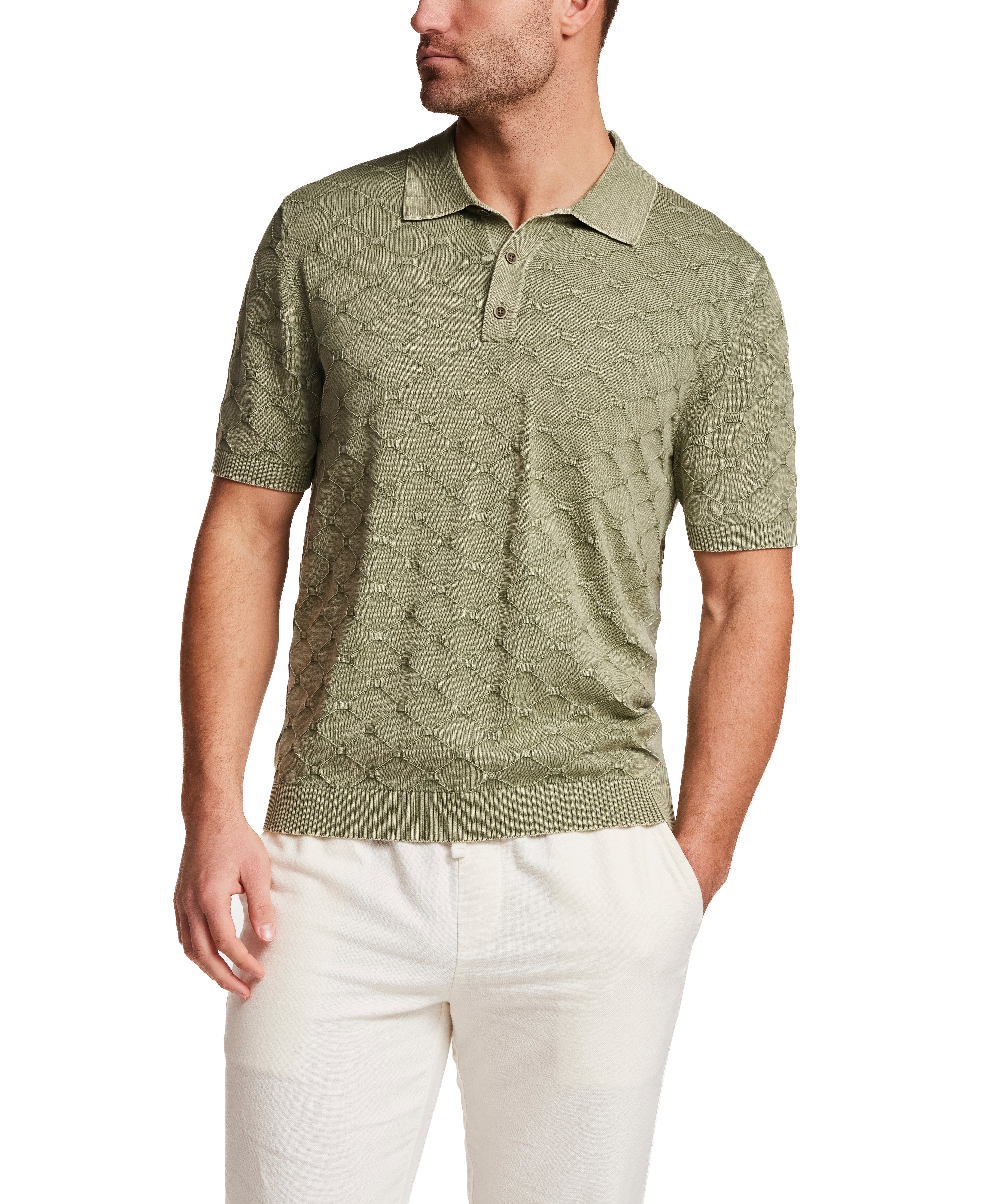 Model wearing Stonewash Diamond Sweater Polo in Sea Grass, showcasing its subtle diamond-knit texture and relaxed fit.