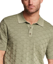 Stonewash Diamond Sweater Polo in Sea Grass front view showcasing the diamond-knit texture and short sleeves.