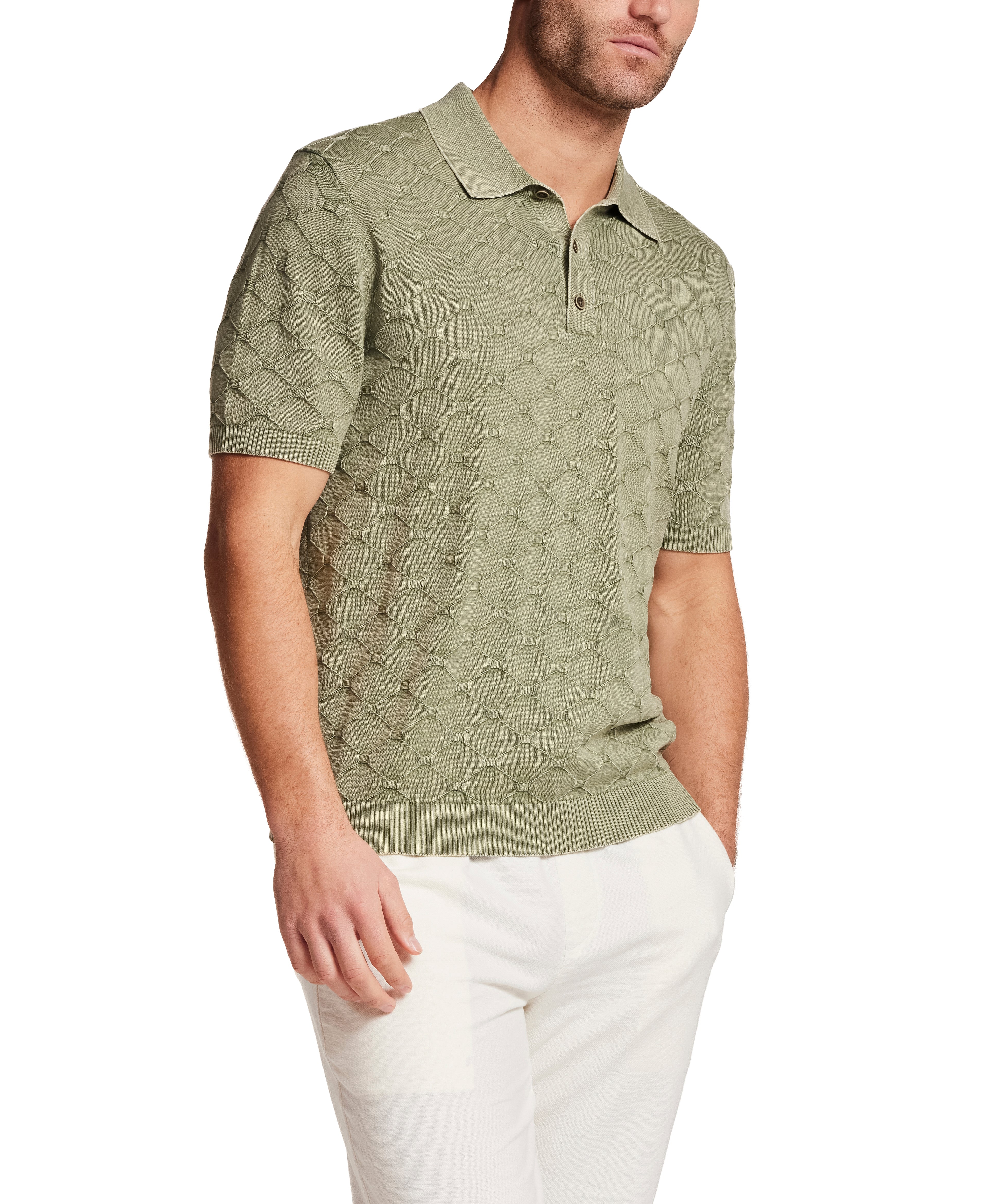 Stonewash Diamond Sweater Polo in Sea Grass, a stylish short-sleeve polo with diamond-knit texture, perfect for relaxed or polished looks.
