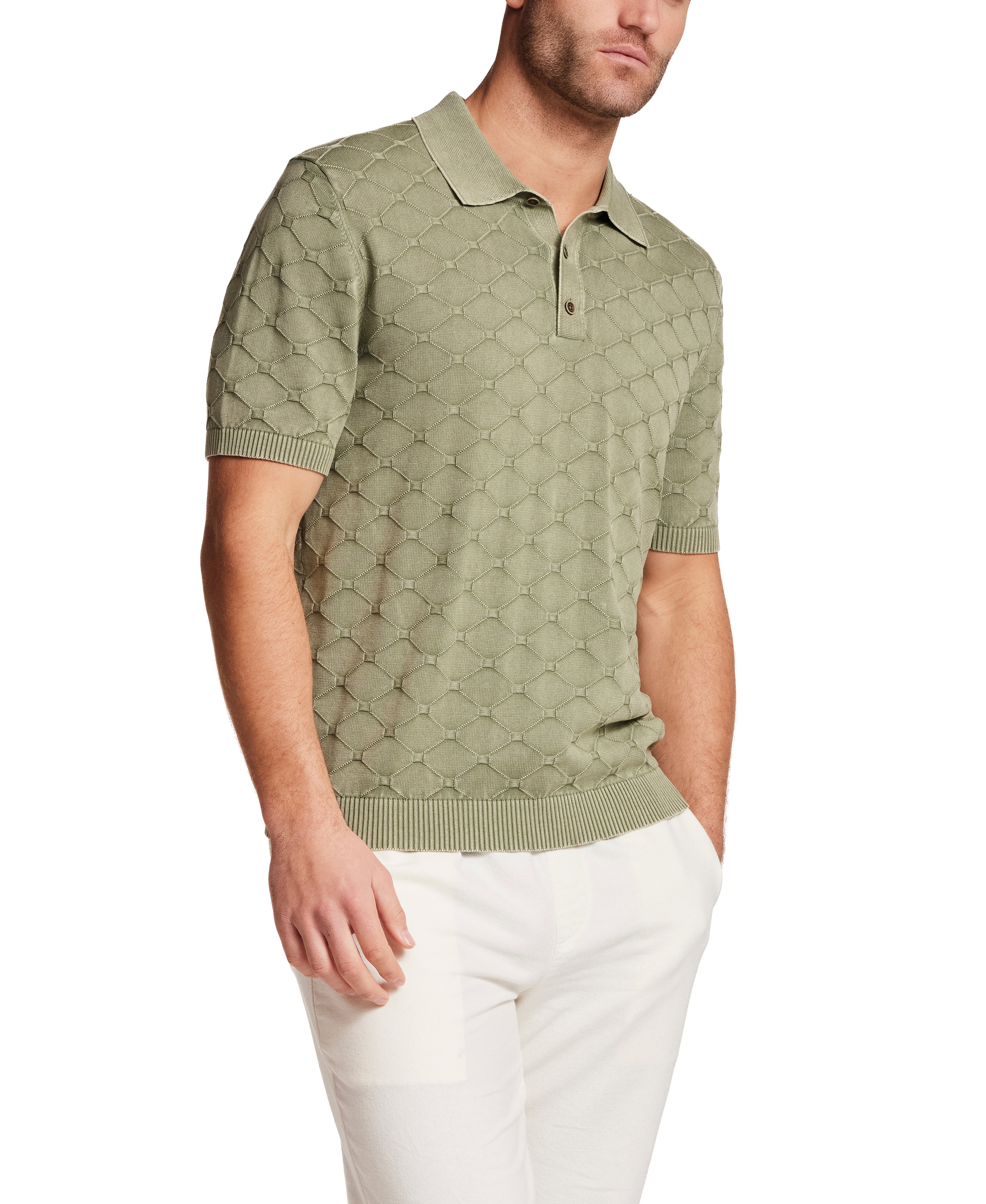 Stonewash Diamond Sweater Polo in Sea Grass, a stylish short-sleeve polo with diamond-knit texture, perfect for relaxed or polished looks.