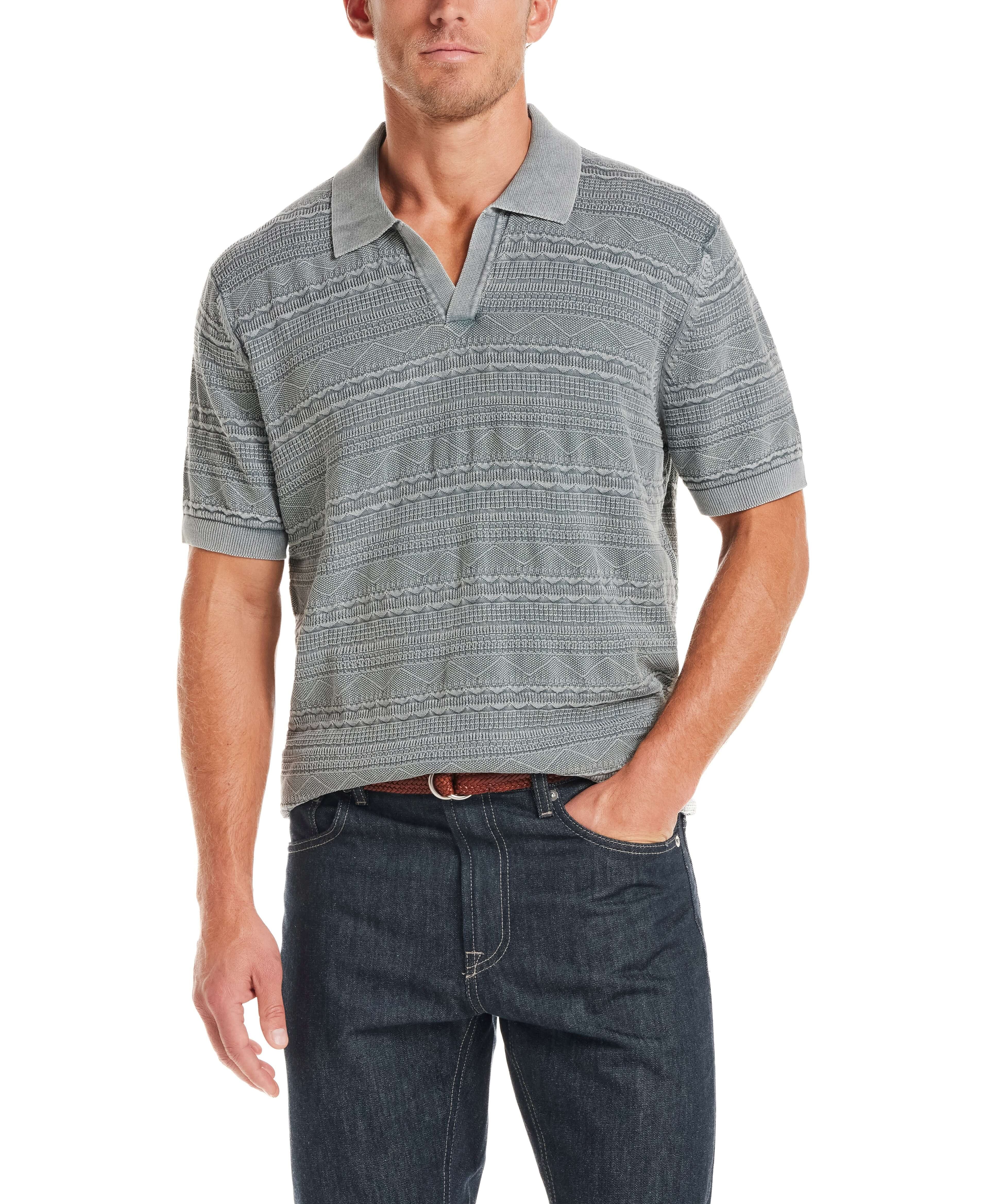Stonewash Knit Johnny Collar Polo in Flint worn with jeans, showcasing a textured knit design and relaxed fit for a polished look.
