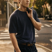 Stonewashed Dash Stitch Crewneck Sweater in Maritime Blue