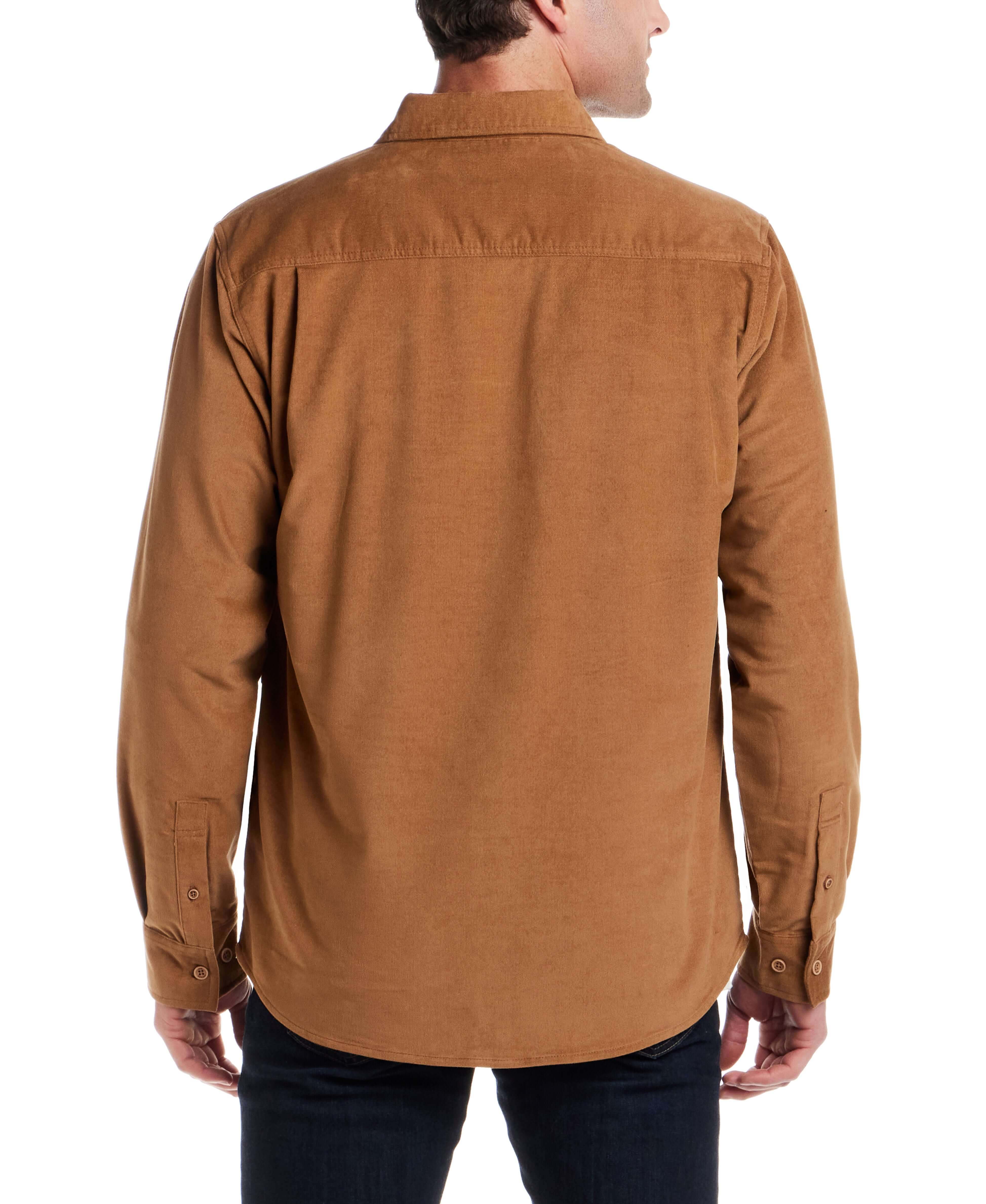 Back view of Superfine Corduroy Overshirt in Chipmunk, showcasing its unlined design and classic fit.