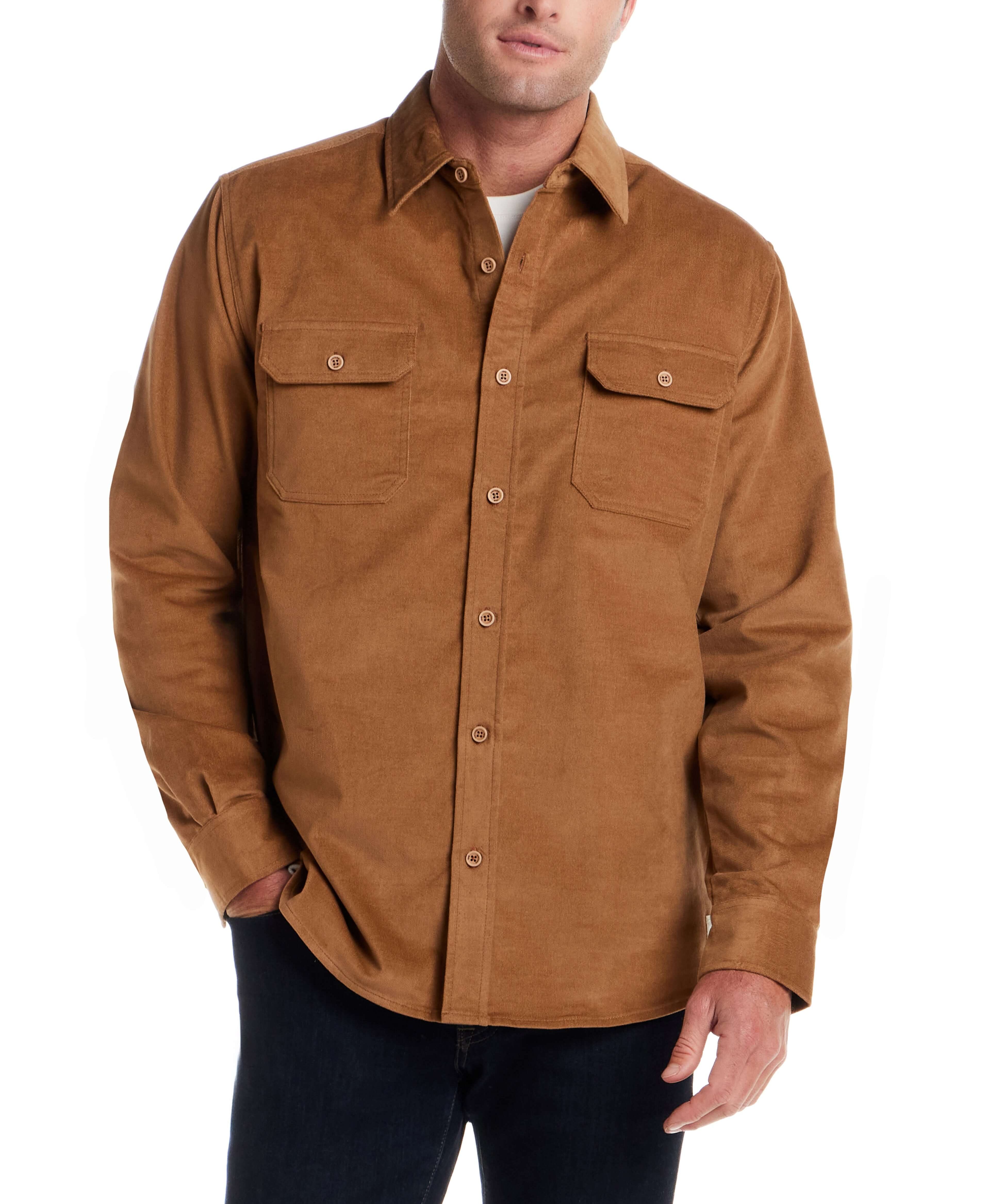 Superfine Corduroy Overshirt in Chipmunk worn by a model featuring dual chest pockets and a button front.