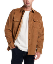 Superfine Corduroy Overshirt in Chipmunk worn over a white shirt, featuring button-flap chest pockets and a classic fit.