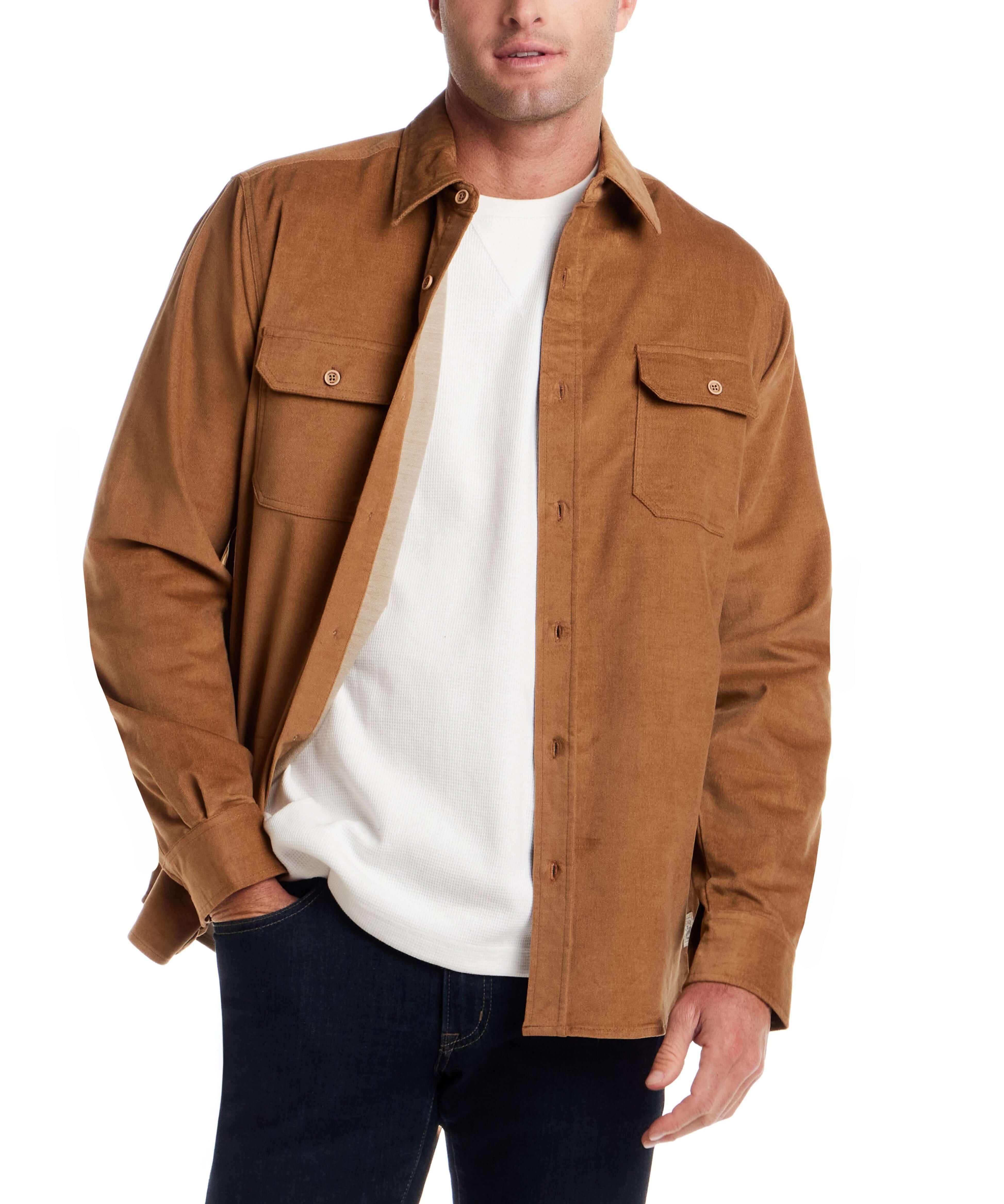 Superfine Corduroy Overshirt in Chipmunk worn over a white shirt, featuring button-flap chest pockets and a classic fit.