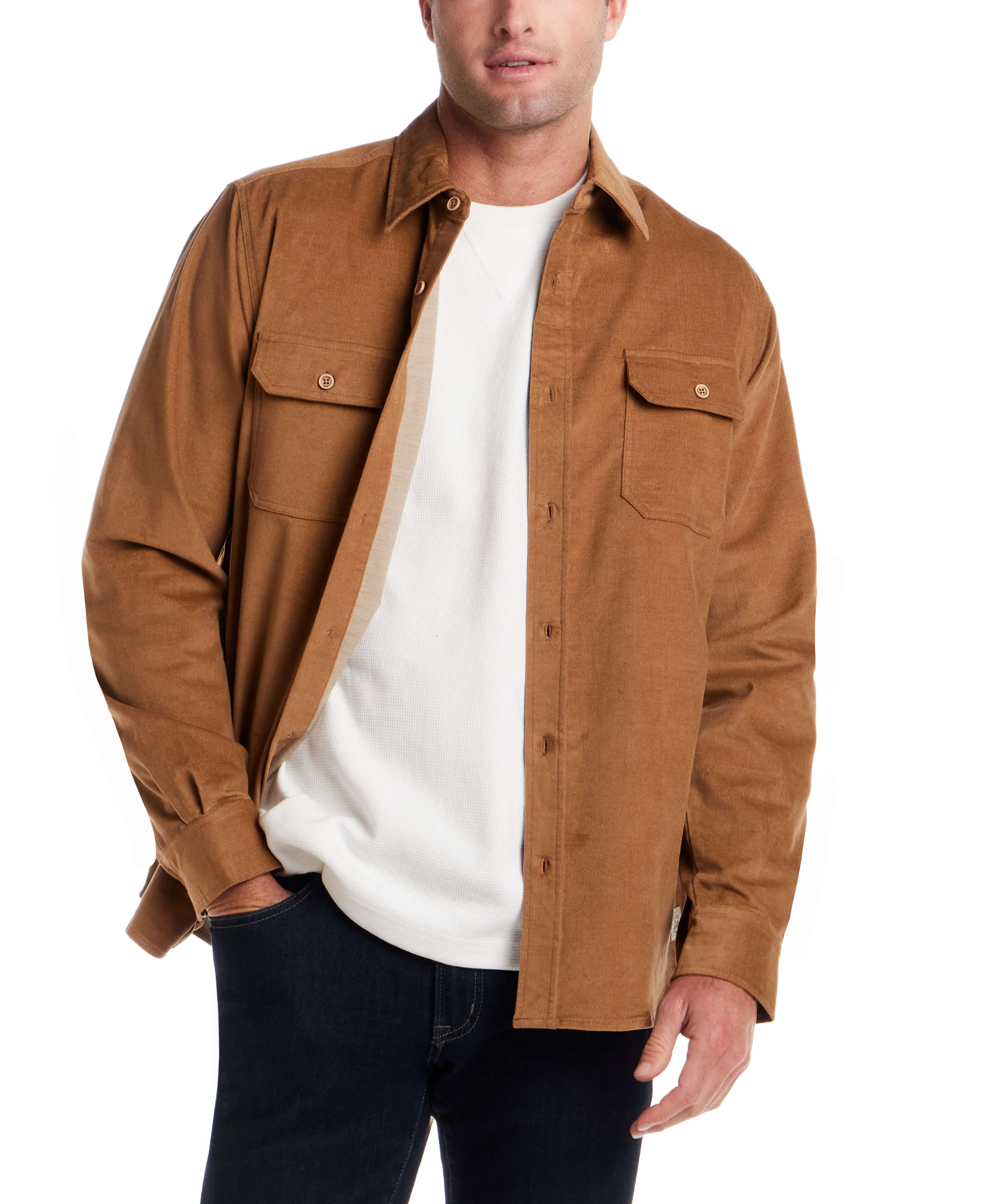 Superfine Corduroy Overshirt in Chipmunk worn over a white shirt, featuring button-flap chest pockets and a classic fit.
