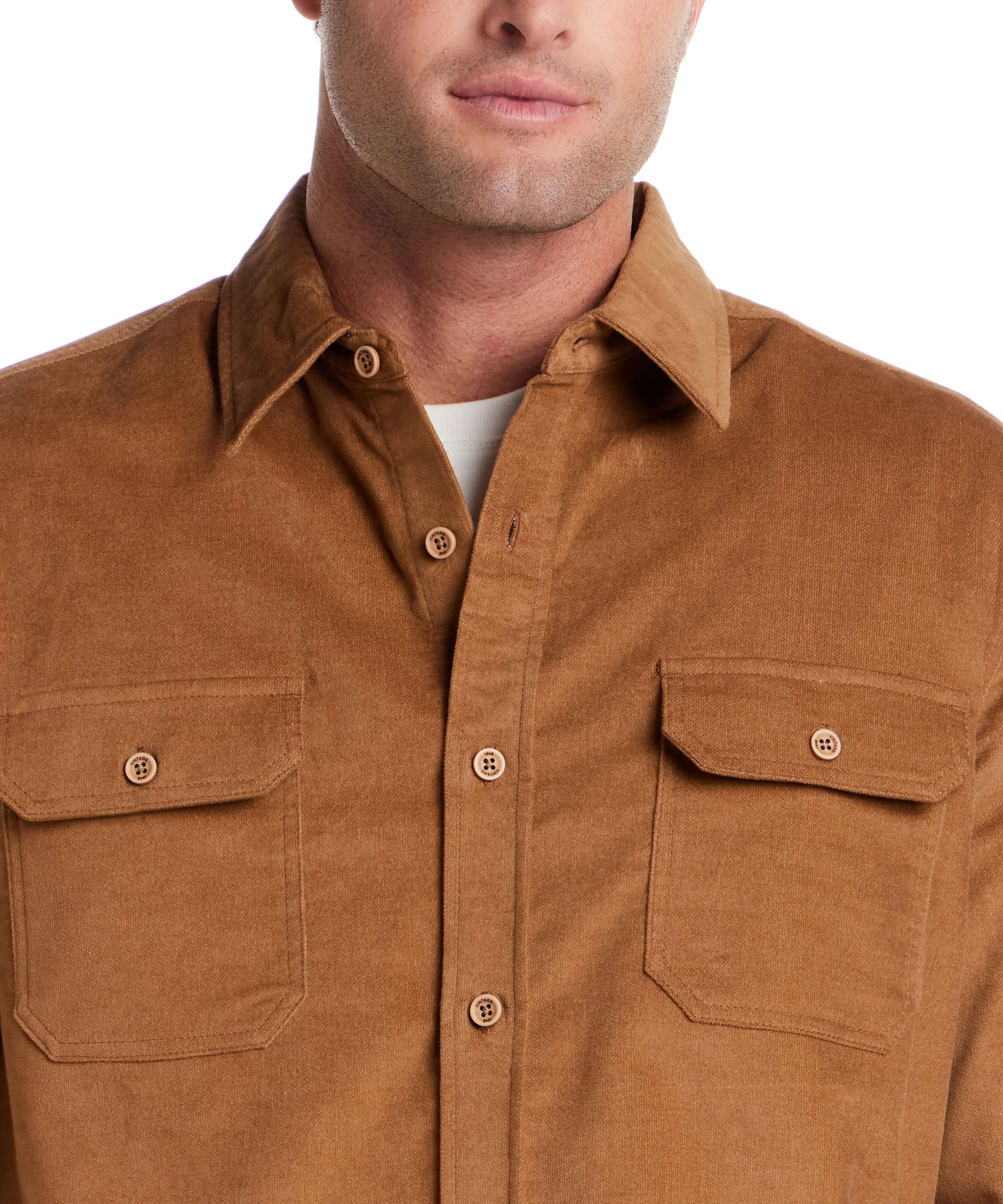 Superfine Corduroy Overshirt in Chipmunk featuring a button front and chest pockets.