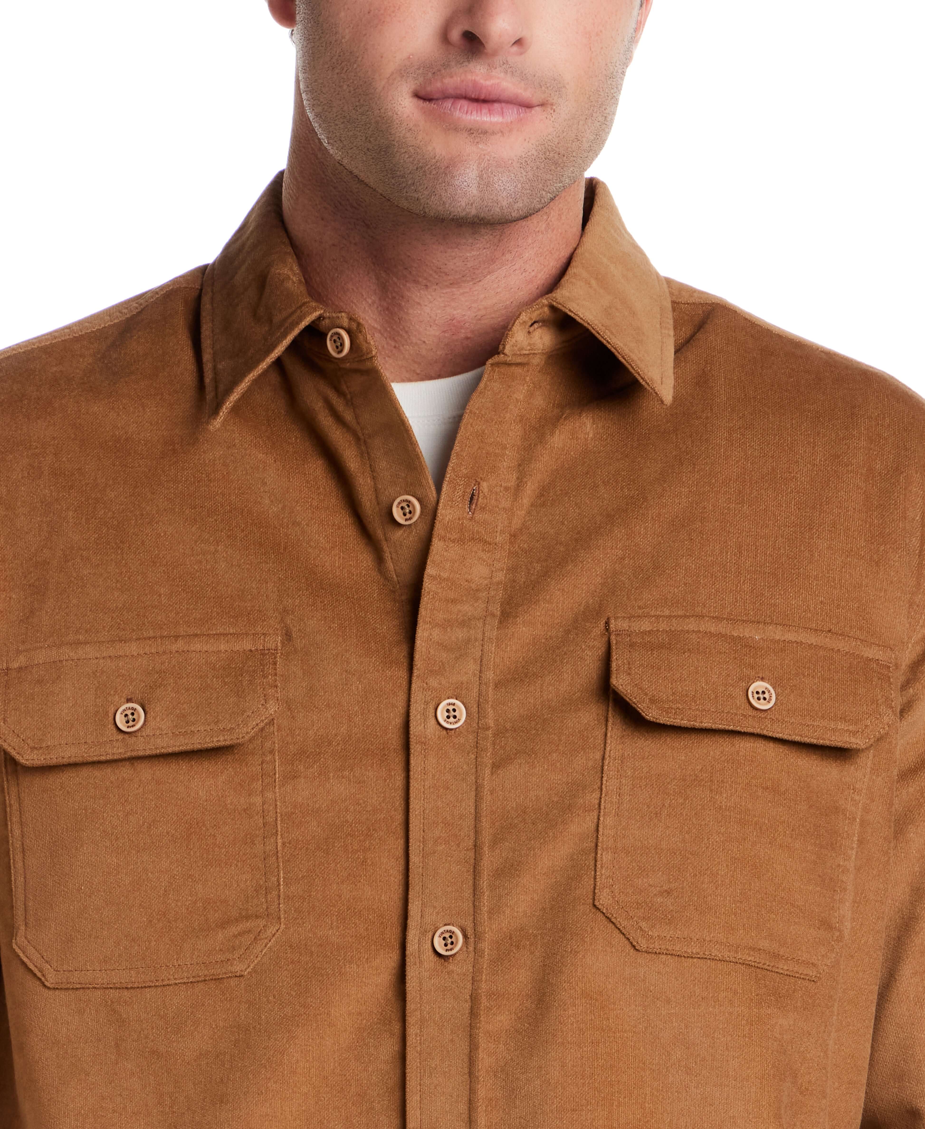Superfine Corduroy Overshirt in Chipmunk featuring a button front and chest pockets.