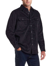 Superfine Corduroy Overshirt Moonless Night worn by a model, featuring button front and dual chest pockets.