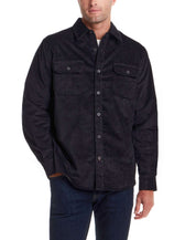 Superfine Corduroy Overshirt Moonless Night displayed on a model, featuring a button front and dual chest pockets.