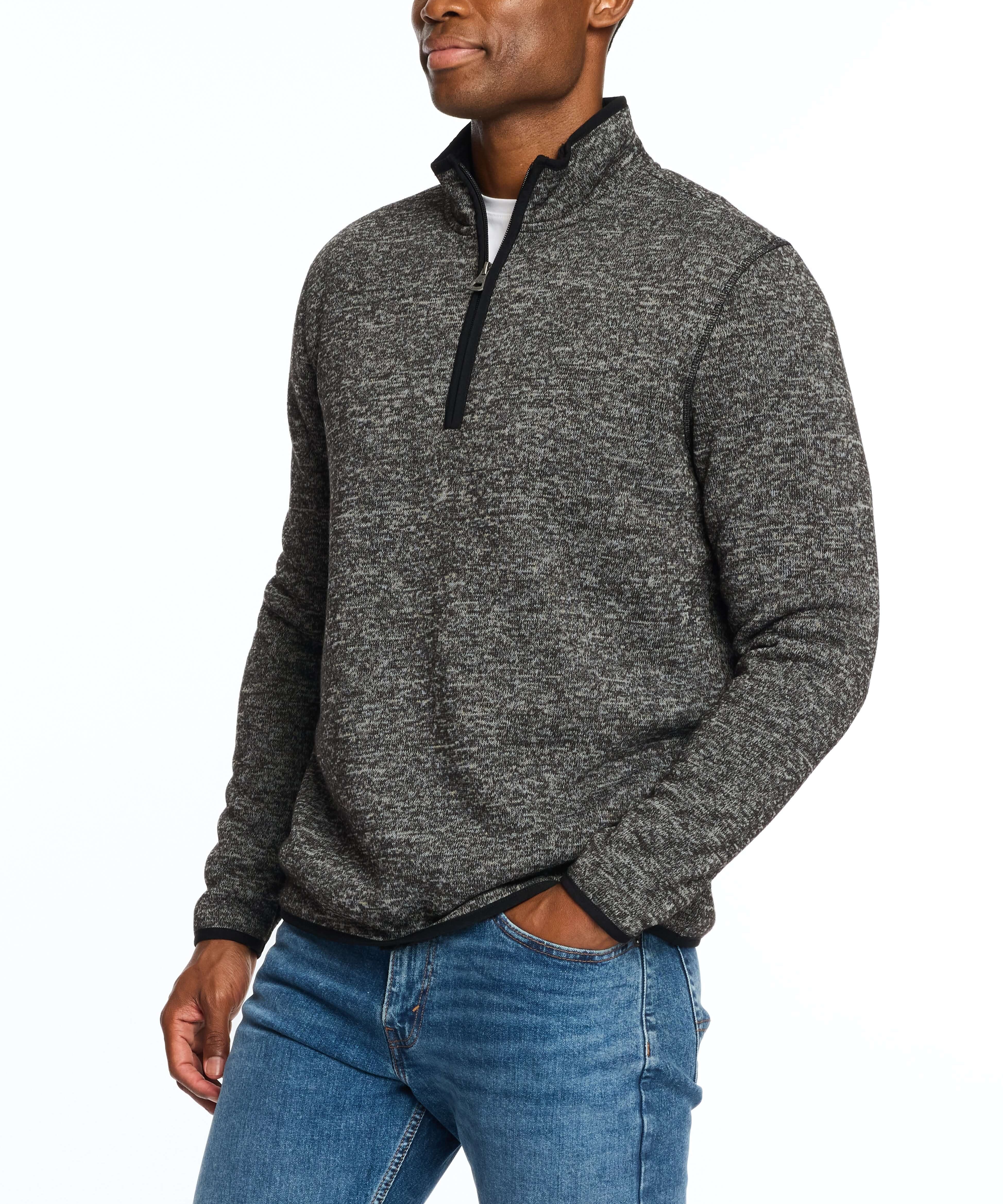 Men's sweaterfleece pullover with Sherpa trim, featuring front quarter zip and side pockets in meteorite color.