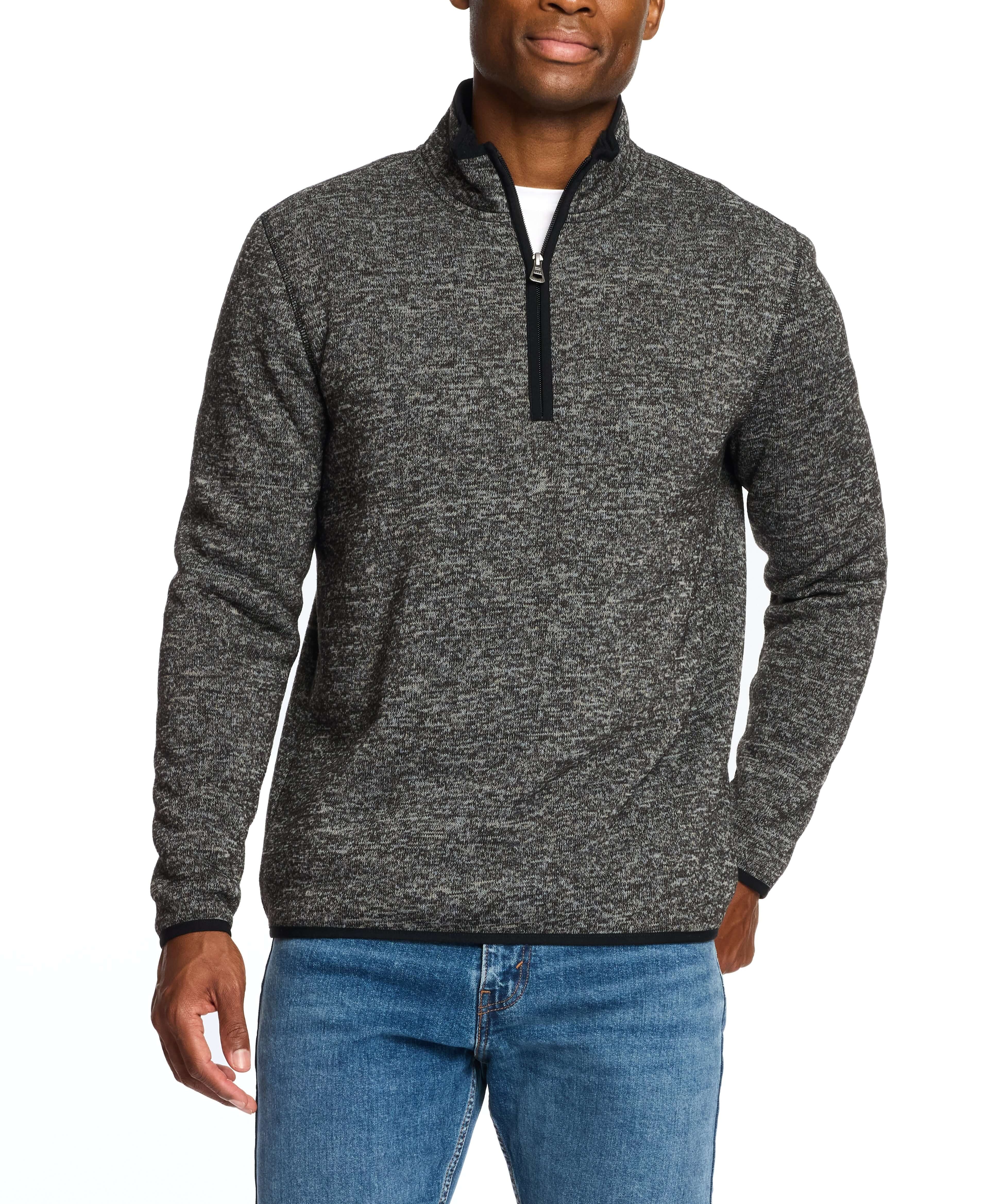 Model wearing a meteorite sweaterfleece pullover with sherpa trim and quarter zip, perfect for warmth and layering.