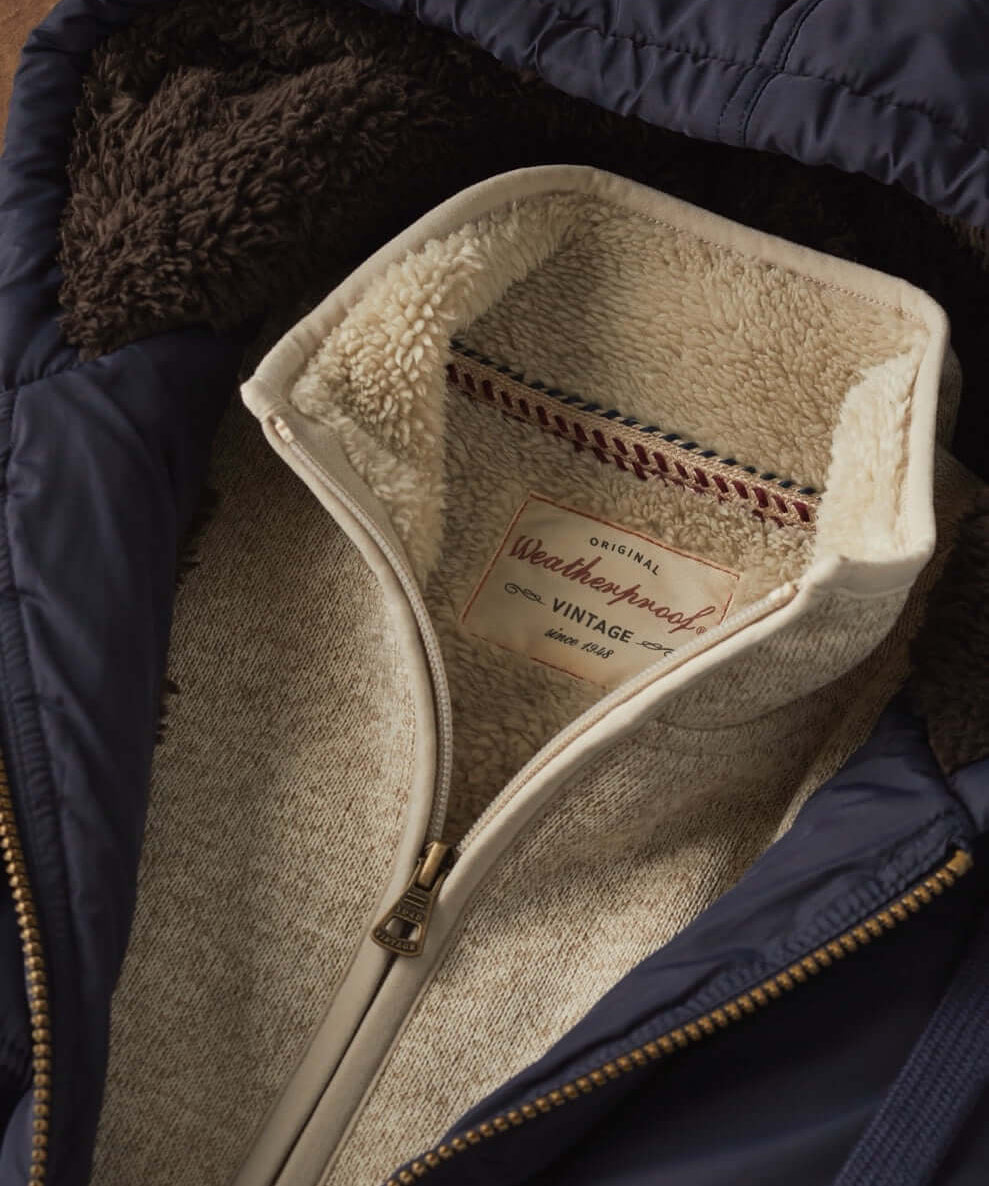 Close-up of a navy pullover showing sherpa-lined collar and quarter zip, highlighting cozy vintage design.