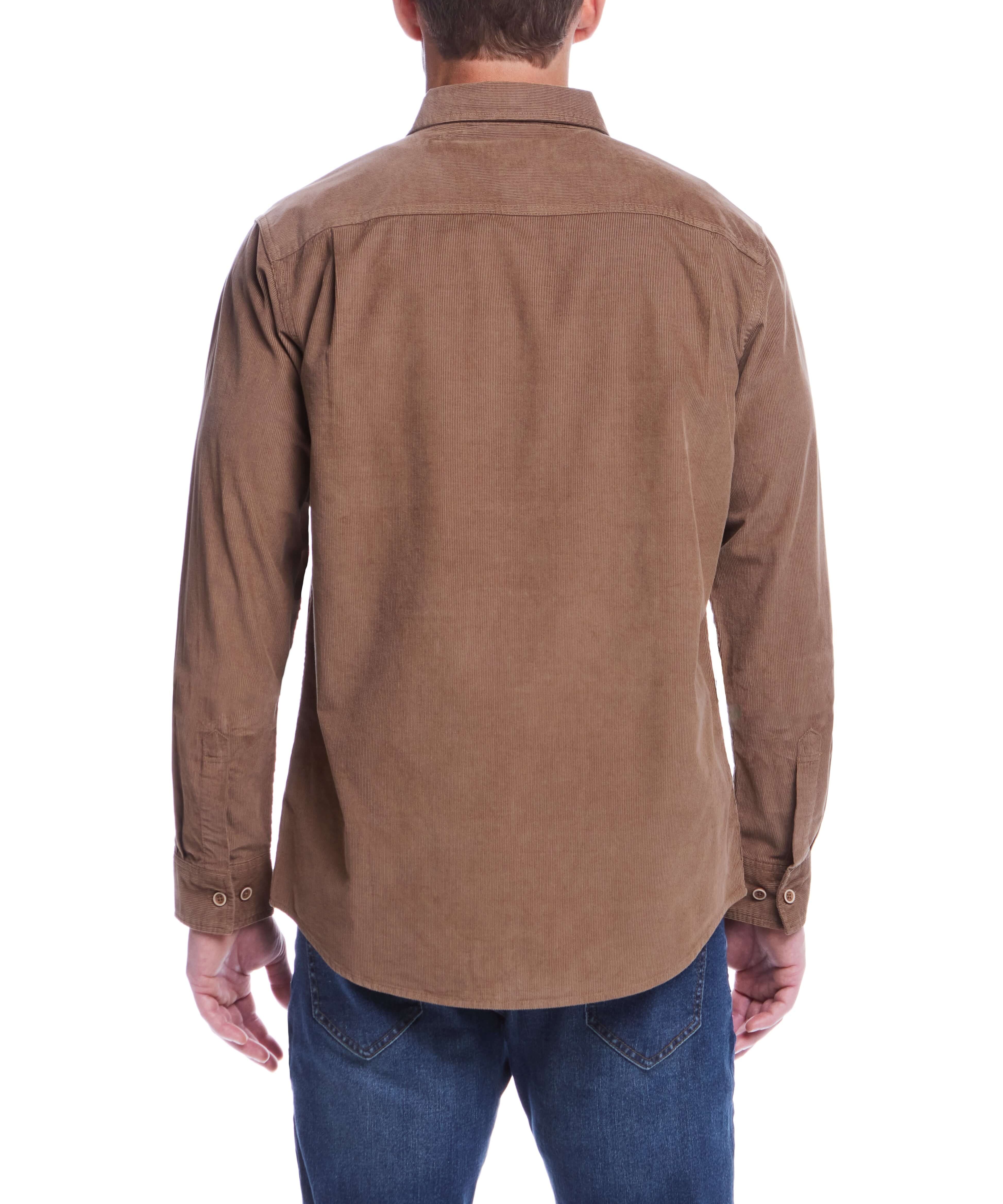 Back view of a man in a Thin Wale Solid Cord Shirt in Mountain Trail color, showcasing its soft corduroy fabric.